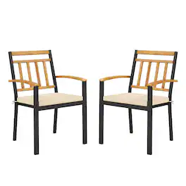 Costway - Patio Dining Chairs Set of 2 Metal Outdoor Chairs with Removable Padded Cushions - Black + Natural