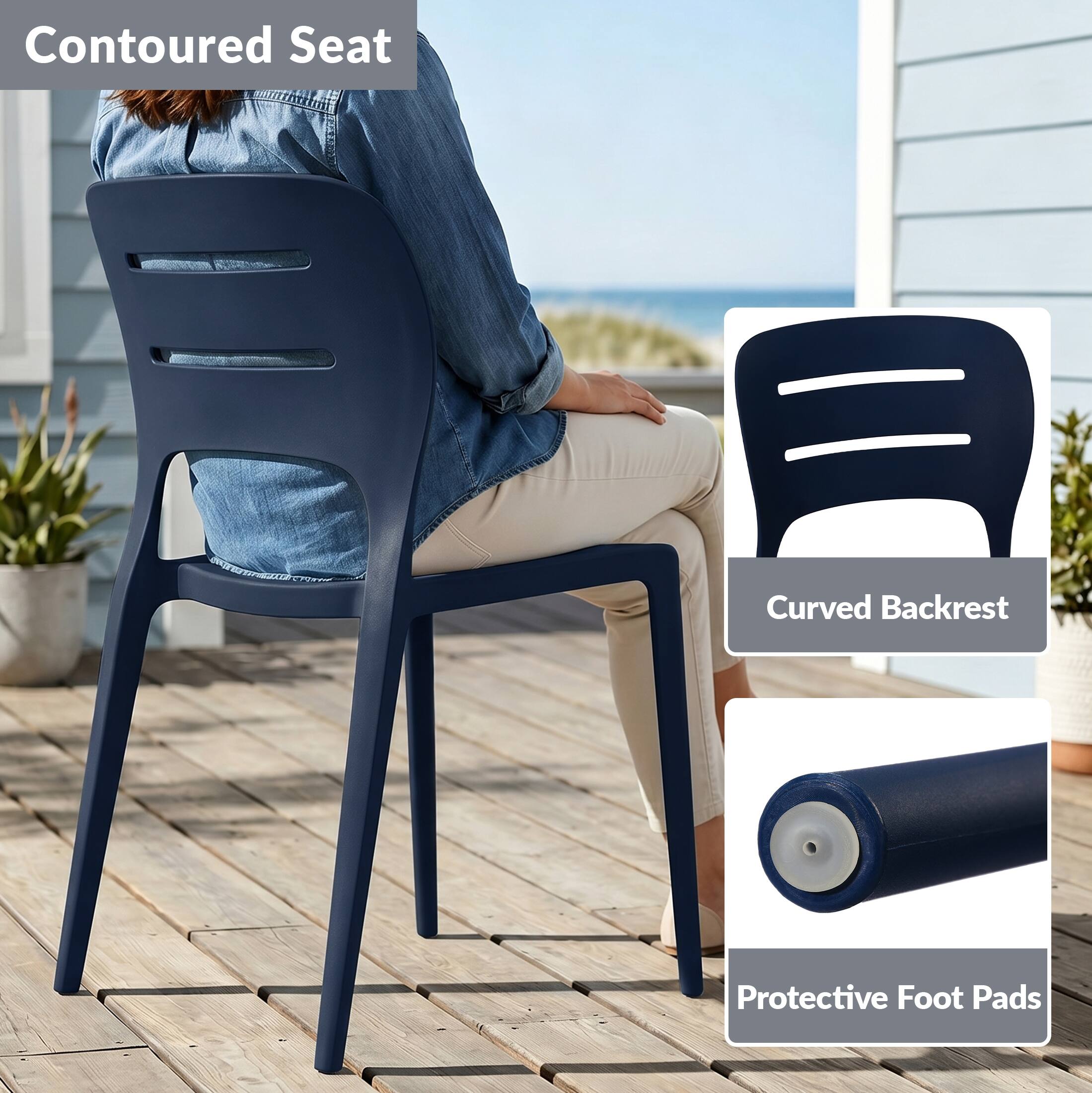 Contoured Seat  
Curved Backrest  
Protective Foot Pads