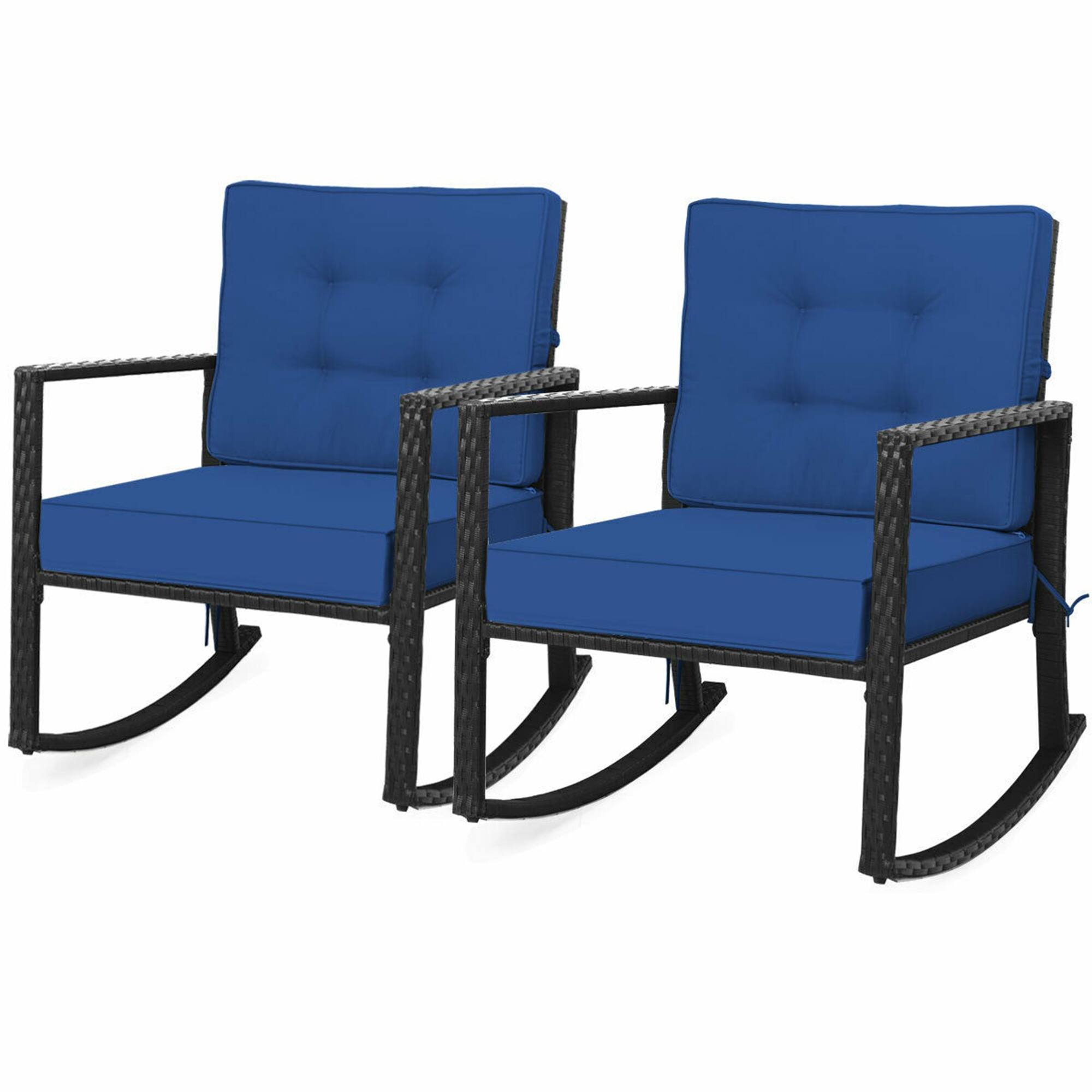 Front. Gymax - Gymax 2PCS Outdoor Wicker Rocking Chair Patio Rattan Single Chair Glider w/ Navy Cushion - Navy.