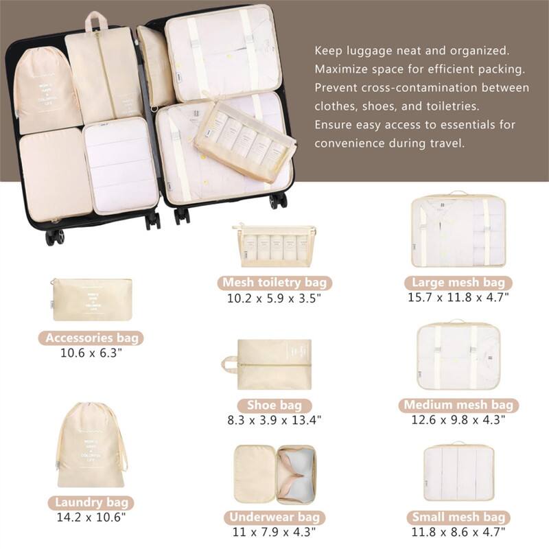Keep luggage neat and organized.  
Maximize space for efficient packing.  
Prevent cross-contamination between clothes, shoes, and toiletries.  
Ensure easy access to essentials for convenience during travel.

- Mesh toiletry bag: 10.2 x 5.9 x 3.5"
- Large mesh bag: 15.7 x 11.8 x 4.7"
- Accessories bag: 10.6 x 6.3"
- Shoe bag: 8.3 x 3.9 x 13.4"
- Medium mesh bag: 12.6 x 9.8 x 4.3"
- Laundry bag: 14.2 x 10.6"
- Underwear bag: 11 x 7.9 x 4.3"
- Small mesh bag: 11.8 x 8.6 x 4.7"