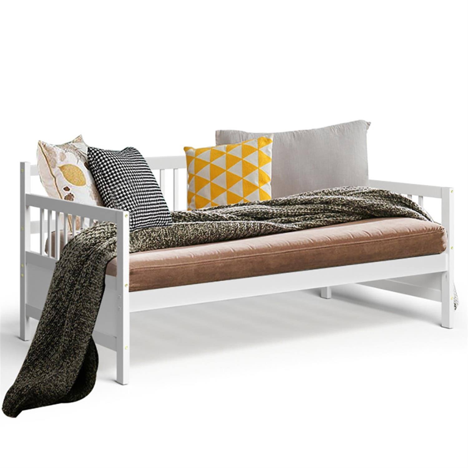 Alt View 4. Pefilos - Twin Size Wooden Slats Daybed Bed with Rails, Modern Bed Frame for Teens, White - White.