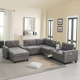 LUCKY ONE - 104" L-Shape U-Shape Modular Chenille Sectional Sofa w/ 2 Consoles USB Charger Ottoman - Gray