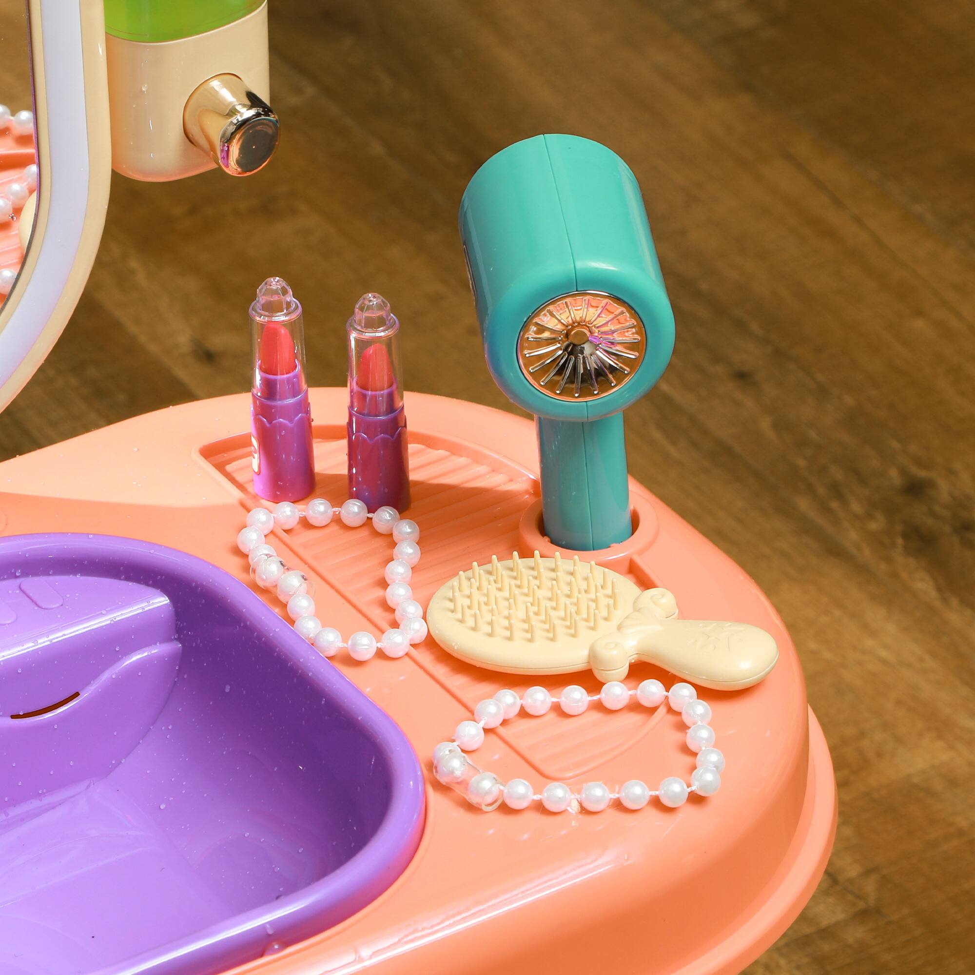 Alt View 5. Qaba - Kids Vanity Set, Toddler Makeup Table w/Faucet, Mirror, LED Light, Music, 23 Accessories, for Girls 3-6.