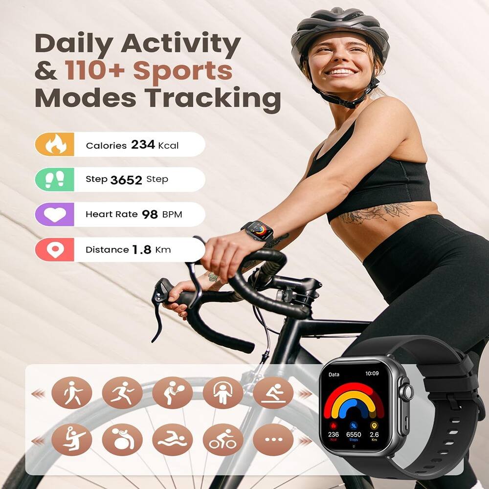 Daily Activity & 110+ Sports Modes Tracking

- Calories: 234 kcal
- Step: 3652
- Heart Rate: 98 BPM
- Distance: 1.8 Km

Data: 10:09
- 236
- 6550
- 2.6