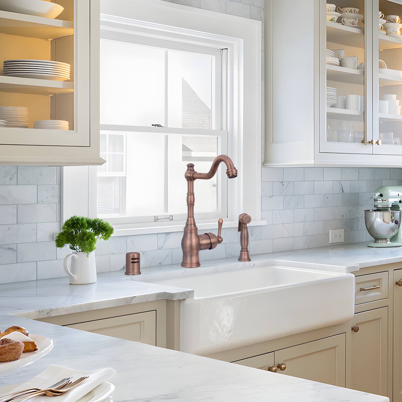 Alt View 6. Akicon - Akicon Solid Brass One-Handle 360° Swivel Widespread Kitchen Faucet with Side Spray in Antique Brass - Antique Brass.