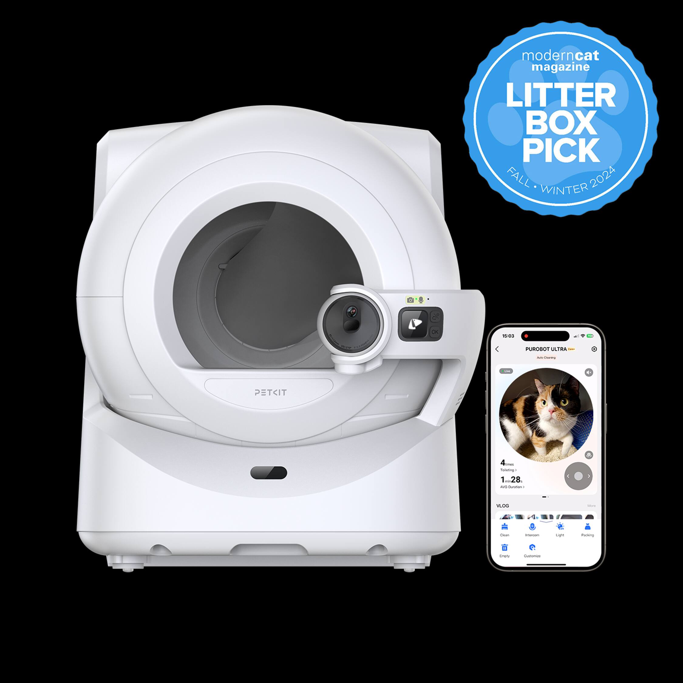 The text on the image reads: "Moderncat magazine LITTER BOX PICK FALL WINTER 2024 OK -O PUROSOT ULTBA + S  PETKIT - 1..28. - - VOG - - - saP TutT - -". This text is a combination of the magazine's name, the litter box pick, and the time frame for the pick. The magazine is Moderncat, and the litter box pick is for Fall and Winter 2024. The pick is for a PuroSot Ultra litter box and a Petkit. The time frame is from January 1 to December 28.