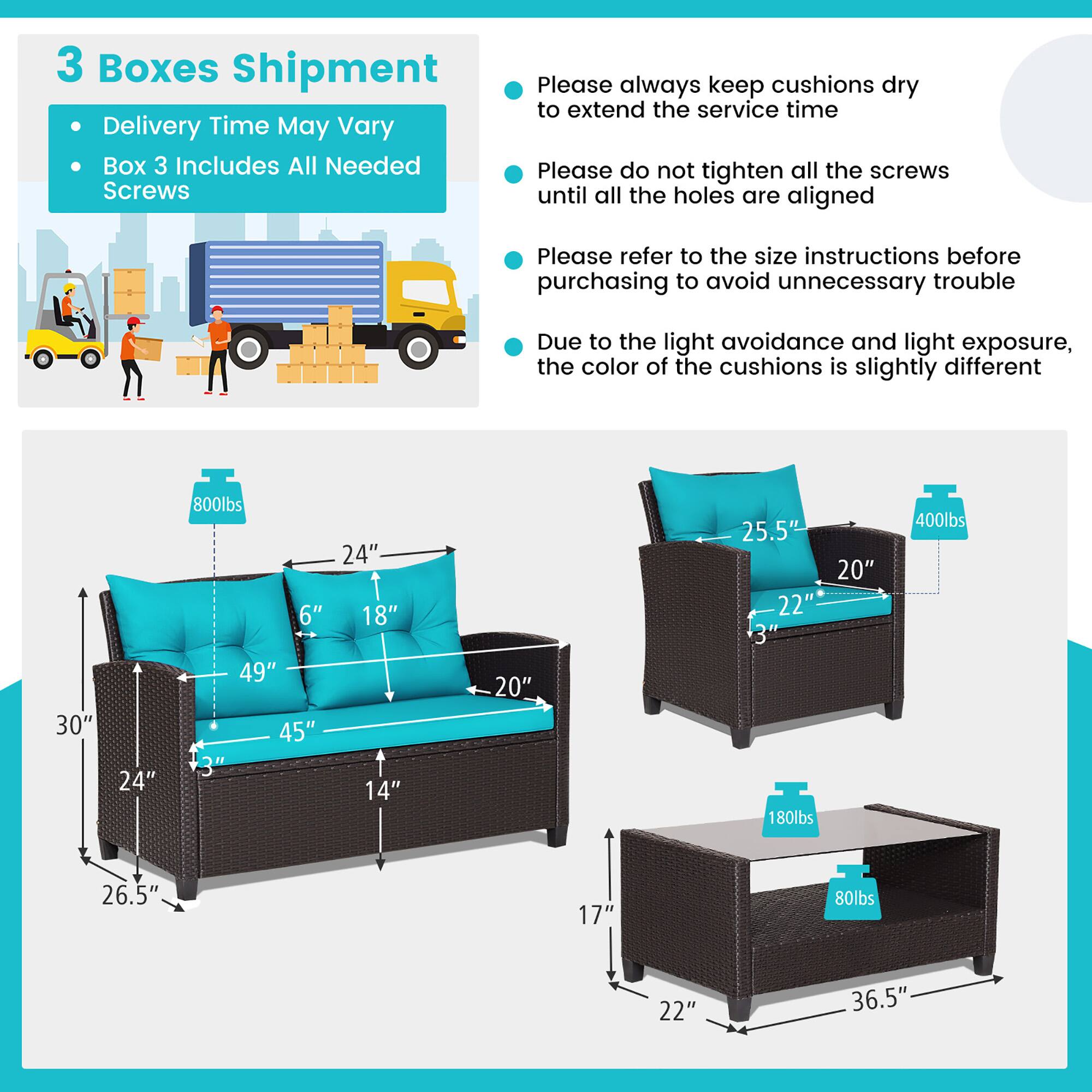 3 Boxes Shipment  
- Delivery Time May Vary  
- Box 3 Includes All Needed Screws  

Please always keep cushions dry to extend the service time  
Please do not tighten all the screws until all the holes are aligned  
Please refer to the size instructions before purchasing to avoid unnecessary trouble  
Due to the light avoidance and light exposure, the color of the cushions is slightly different  

30" 24" 800lbs  
6" 49" 45" 3" 24" 18" 14" 20" 25.5" 22" 3" 180lbs  
20" 400lbs 26.5" 17" 80lbs 22" 36.5"