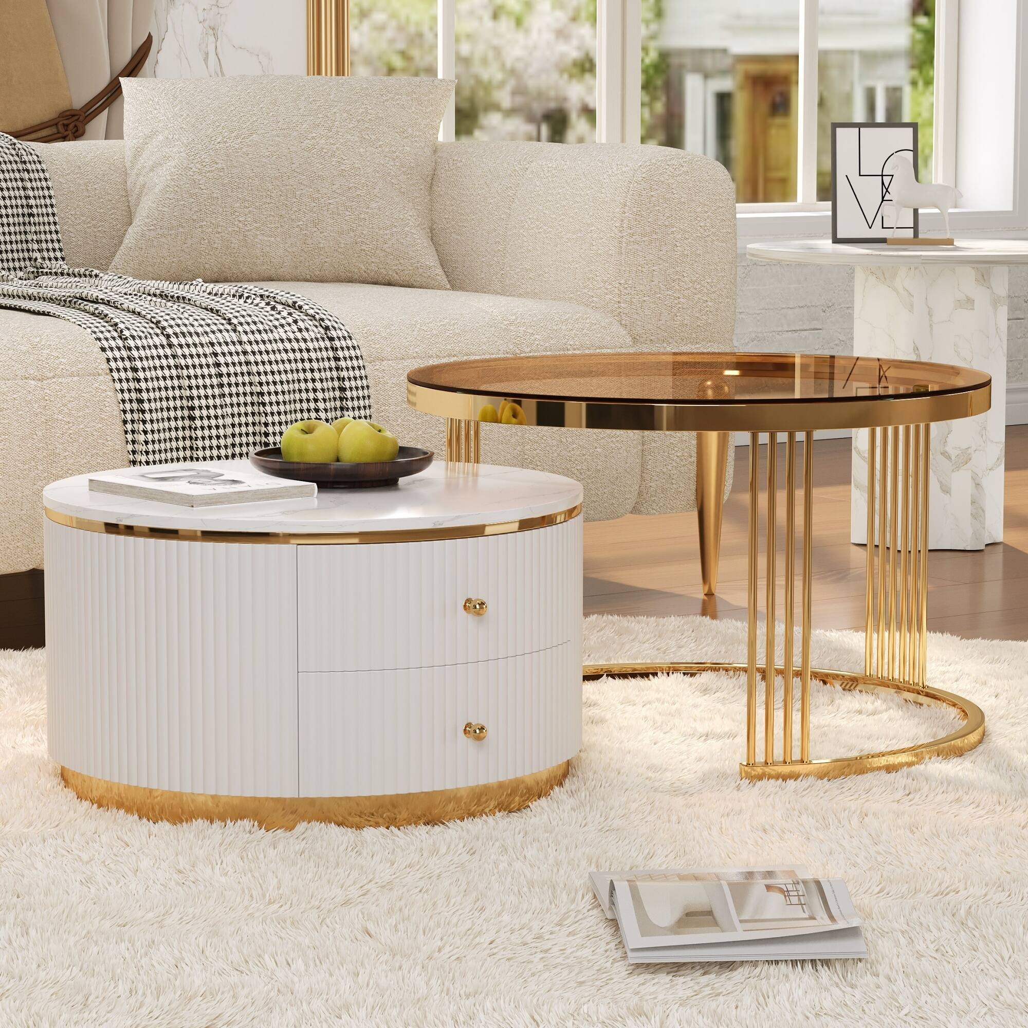 Alt View 3. Loheer - 2-Piece Round Nesting Coffee Table Set with Drawers and Tempered Glass Top, 27.6 in - Brown,White.