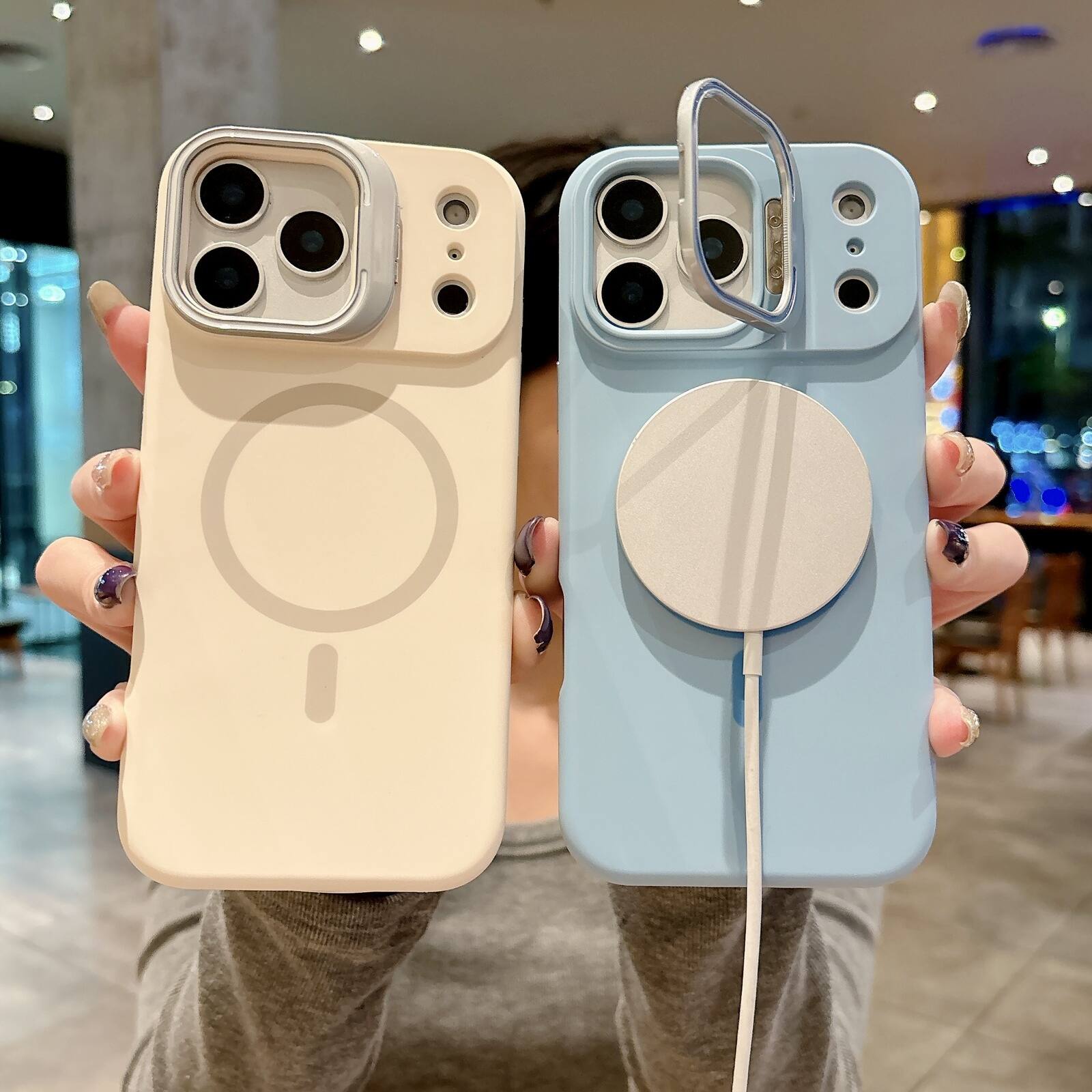 Angle. Dteck - Liquid Silicone Case for Apple iPhone 17 Pro Max with Foldable Lens Stand, Slim Magnetic Shockproof TPU Protective Cover - White.