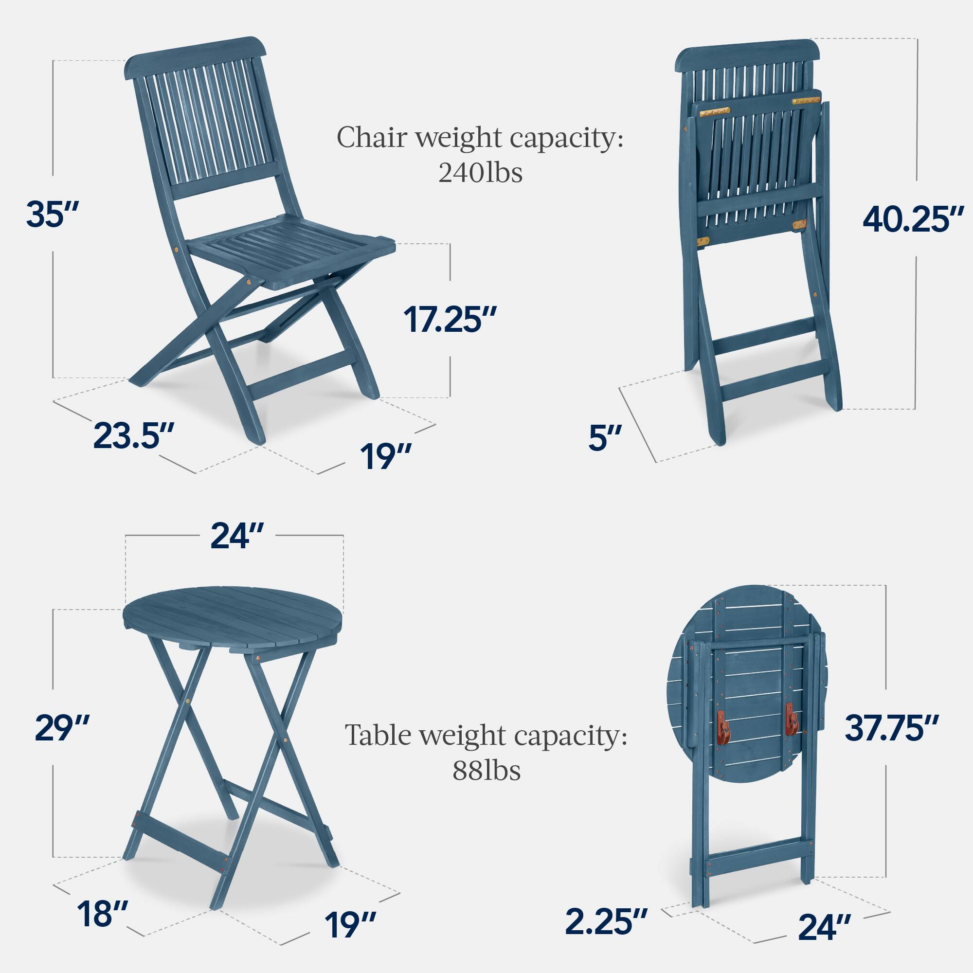 Chair weight capacity: 240lbs  
35"  
17.25"  
23.5"  
19"  
5"  
40.25"  

Table weight capacity: 88lbs  
24"  
29"  
18"  
19"  
2.25"  
37.75"  
24"