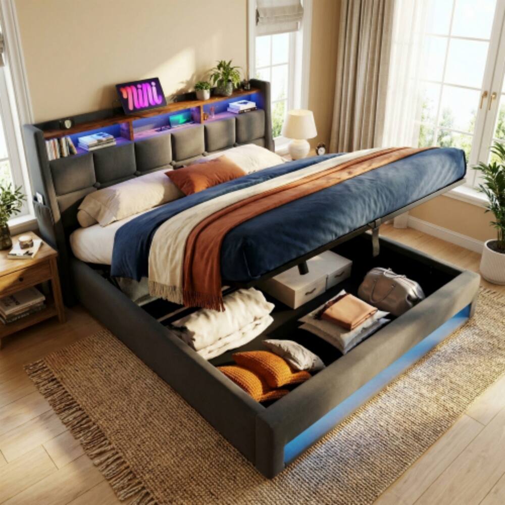 Angle. LUCKY ONE - Queen Size Upholstered Platform Bed with Hydraulic Storage, LED Lights, USB Charging Station, No Box Spring Needed - Grey.