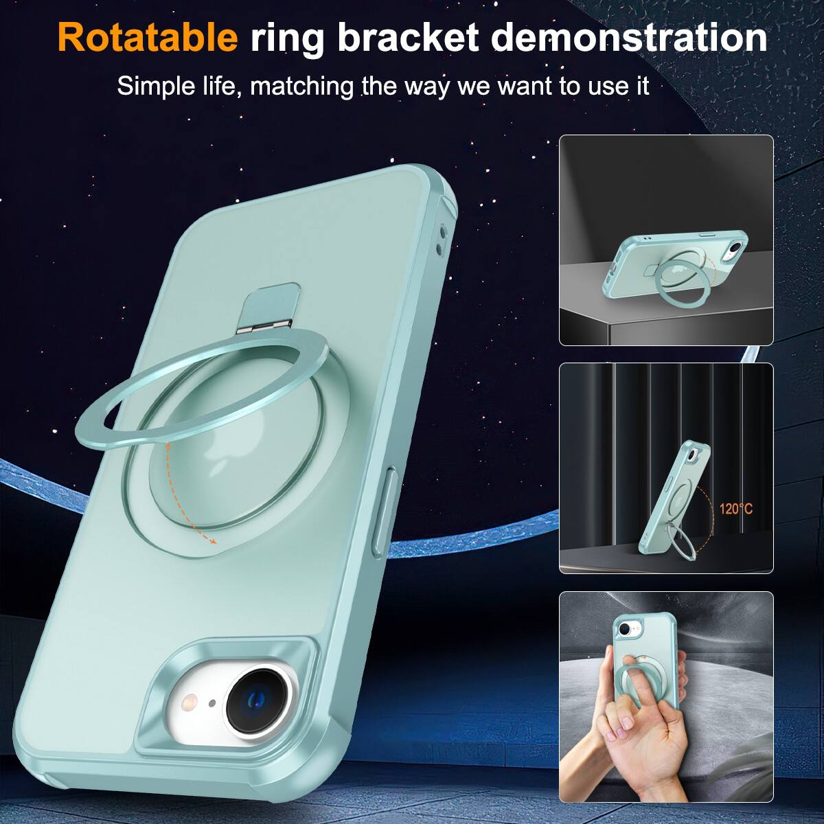Rotatable ring bracket demonstration  
Simple life, matching the way we want to use it  

120°