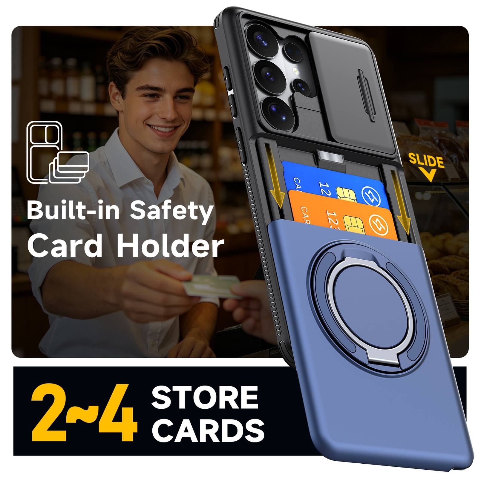 Built-in Safety Card Holder  
CA 12 CAR 123  
1 L SLIDE STORE  
2~4 CARDS