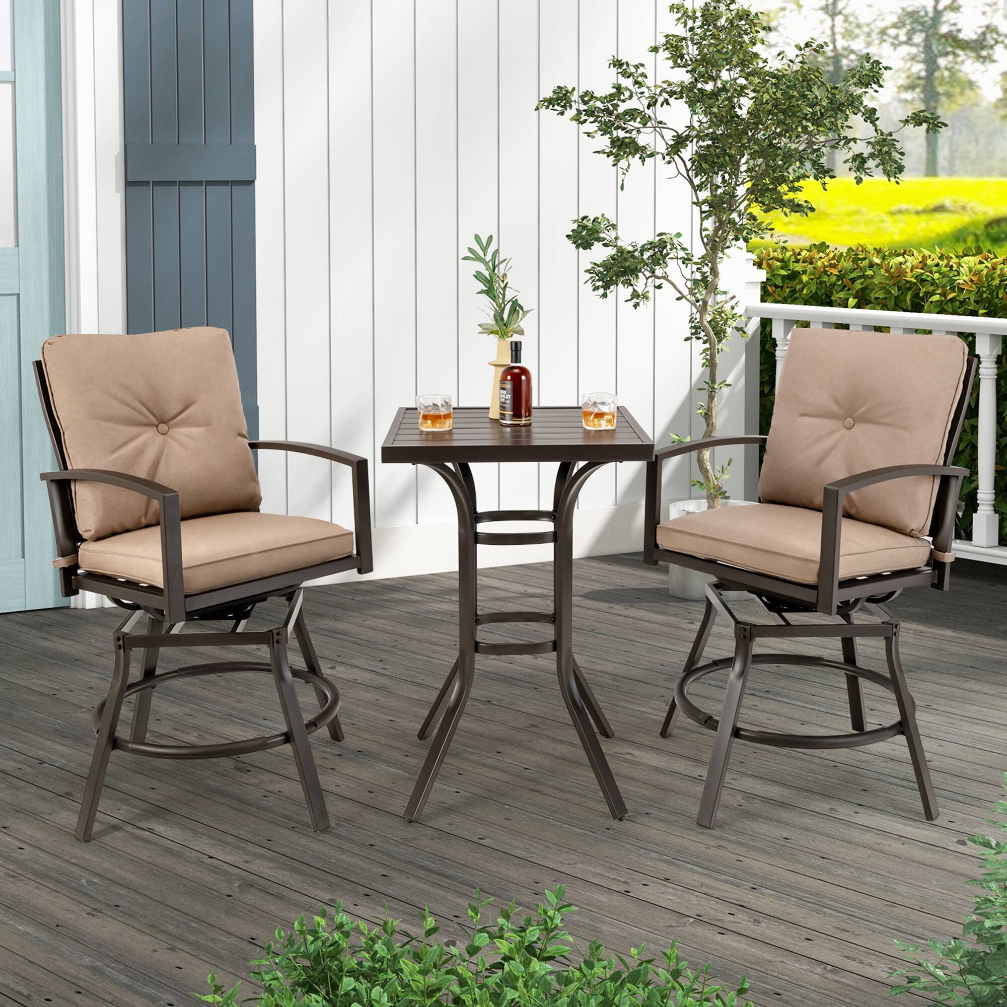 Alt View 1. Costway - Costway Patio 3pcs Swivel Bar Height Bistro Set Cushioned Table Stools Furniture Outdoor - Grey,Beige.