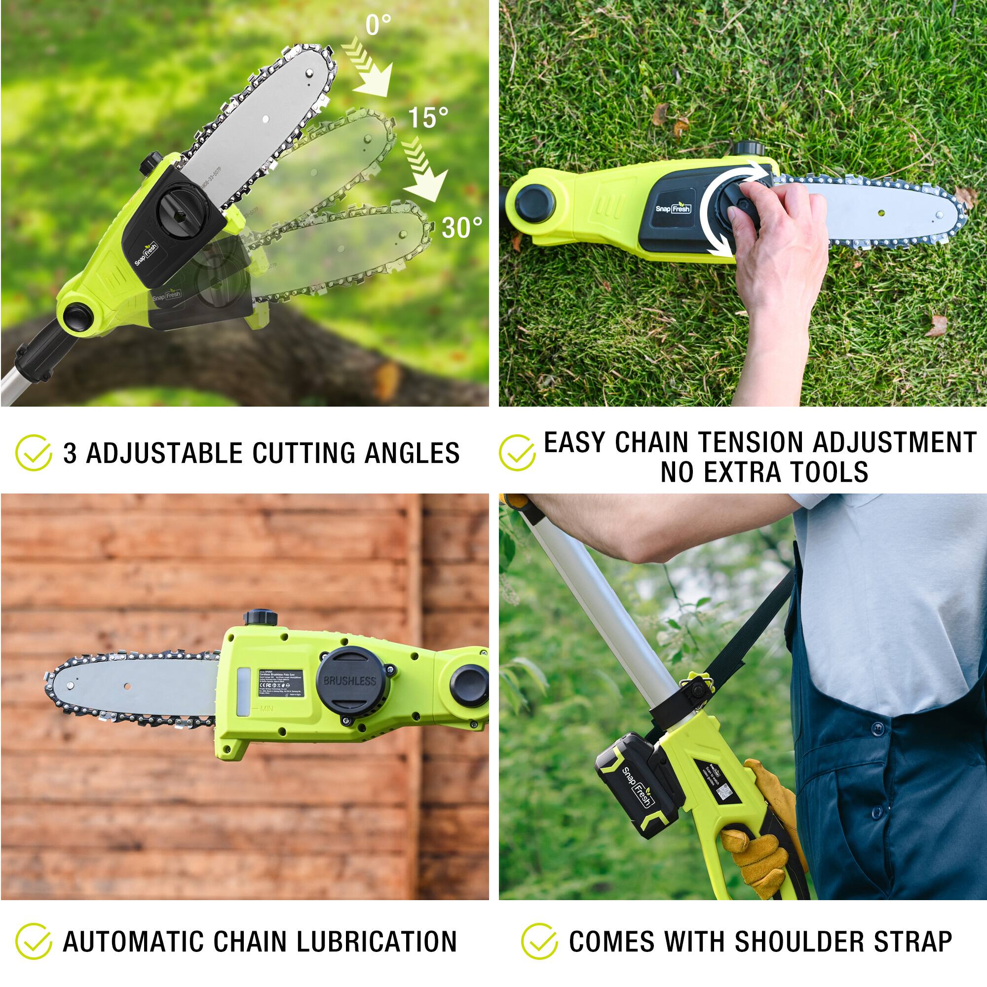 - 3 Adjustable Cutting Angles
- Easy Chain Tension Adjustment No Extra Tools
- Brushless
- Automatic Chain Lubrication
- Comes with Shoulder Strap