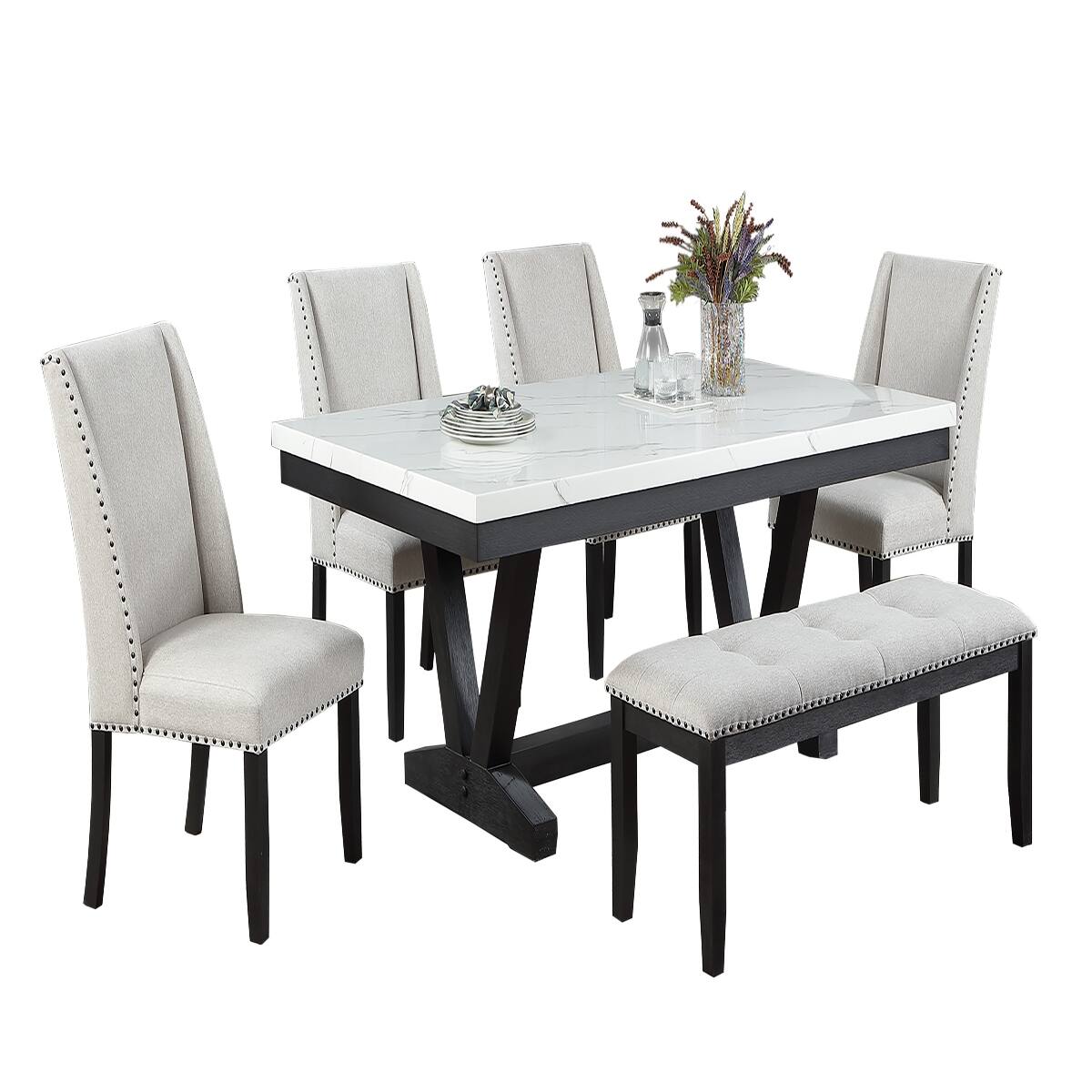 Alt View 2. Loheer - Loheer Rectangular Faux Marble Dining Table Antique Black Six Seat 72 Inch - Antique Black.