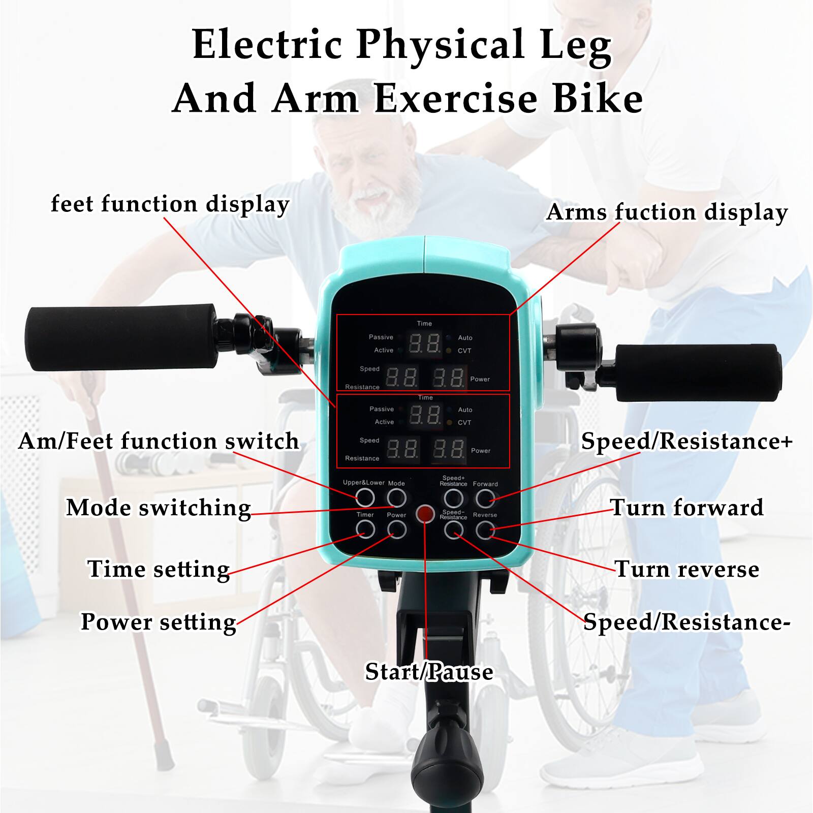 Electric Physical Leg And Arm Exercise Bike  
- Feet function display  
- Arms function display  
- Am/Feet function switch  
- Mode switching  
- Time setting  
- Power setting  
- Speed/Resistance+  
- Turn forward  
- Turn reverse  
- Speed/Resistance-  
- Start/Pause  

Passive  
Active  
Speed  
Resistance  
Power  
Upper/Lower Mode  
Timer