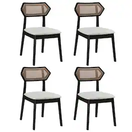 Costway - 4 PCS Rattan Dining Chairs, Upholstered Kitchen Chairs with Rattan Back & Wood Frame - Black