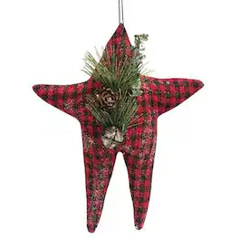 BreeBe - *Red & Black Check Folk Star Ornament w/Pinecone - Red, Black