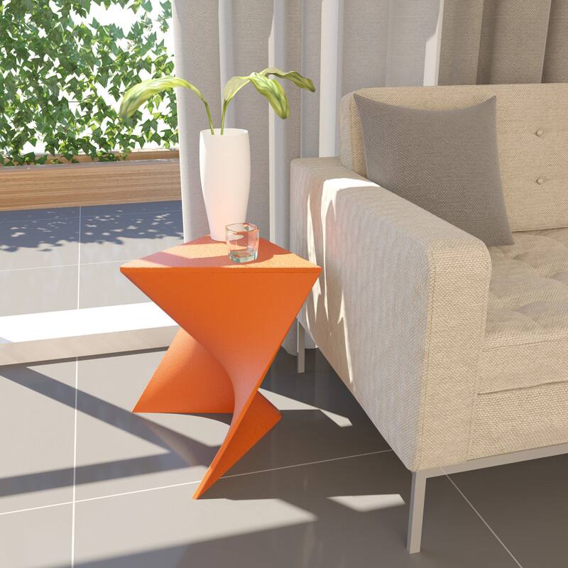 Angle. LeisureMod - Randolph 15.75" Stackable Side Table, Weather-Resistant Triangular Plastic Accent End Table for Living Room or Backyard - Orange.