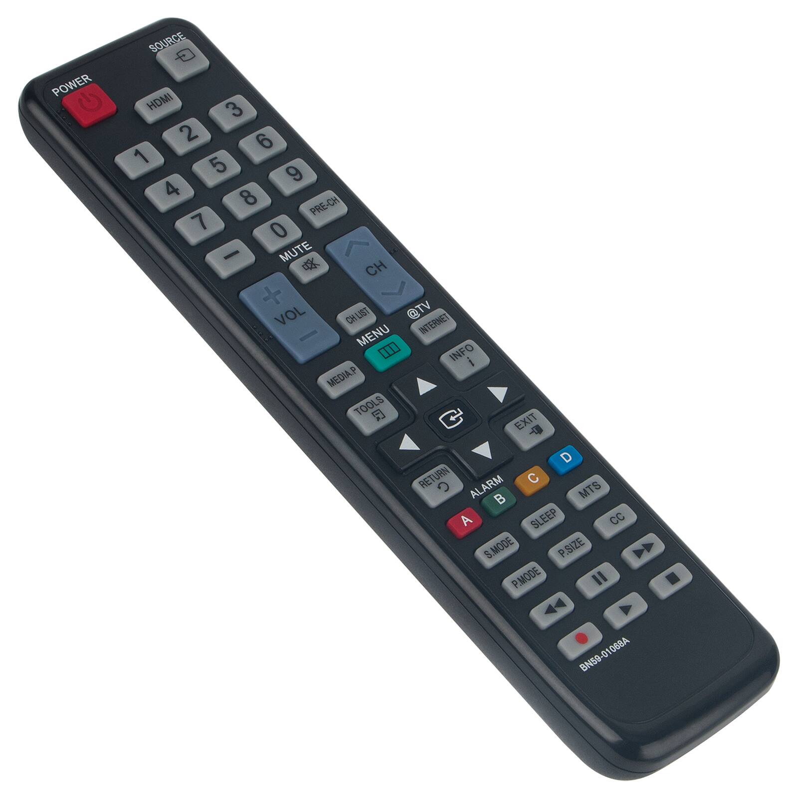 POWER SOURCE HDMI 3 2 6 1 5 9 4 8 PRE-CH 7 0 - MUTE C CH + @TV VOL CHLIST INTERNET - MENU W INFO i MEDIA.P TOOLS C EXIT d D RETURN ALARM C MTS B A SLEEP CC S.MODE S P.SIZE N PMODE P I BN59-01068A A O58 BN59