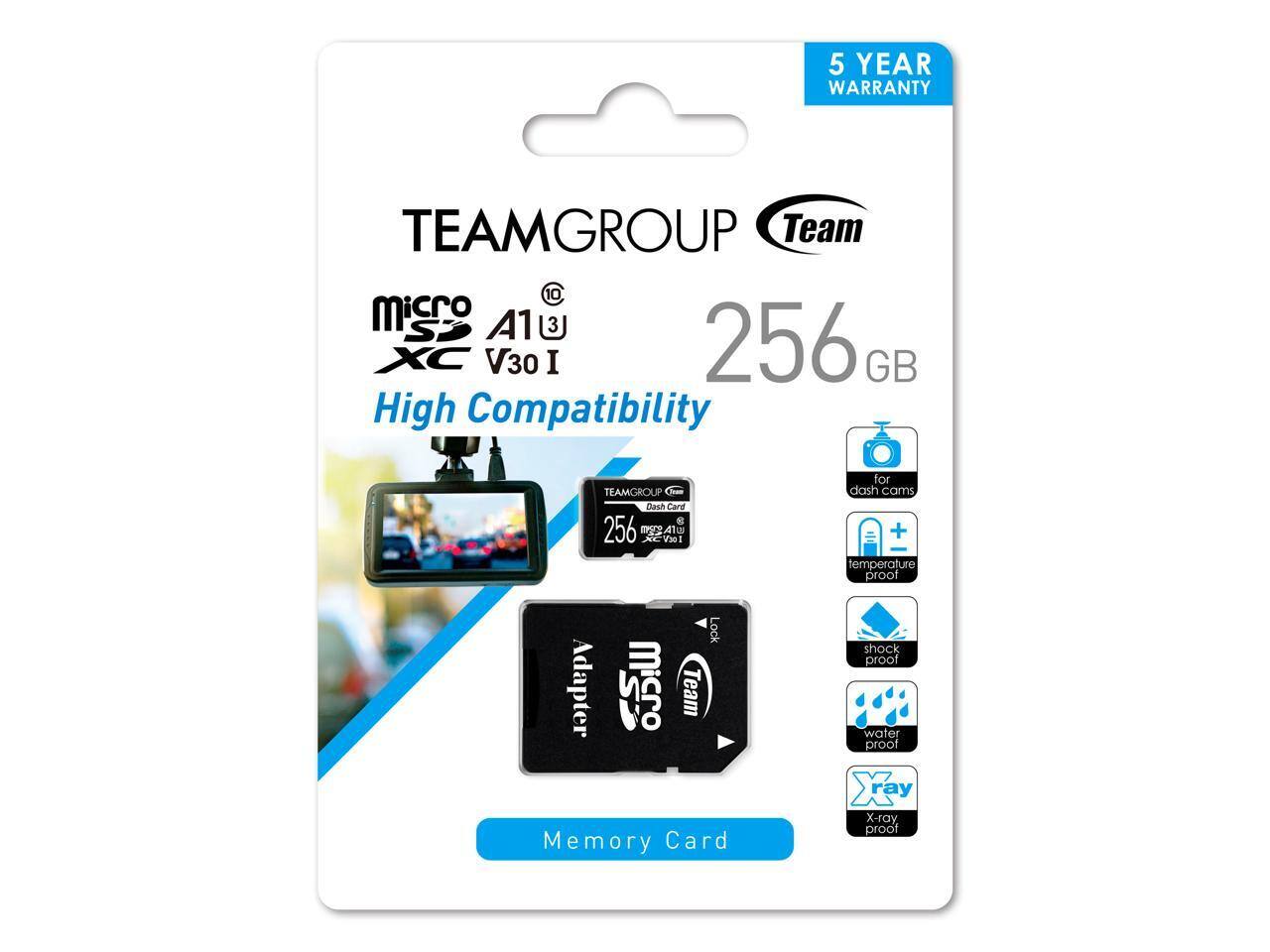 5 YEAR WARRANTY

TEAMGROUP Team

Micro SDXC A1 V30 I

256 GB

High Compatibility

For dash cams

Temperature proof

Shock proof

Water proof

X-ray proof

Memory Card

Lock Adapter

5 YEAR WARRANTY