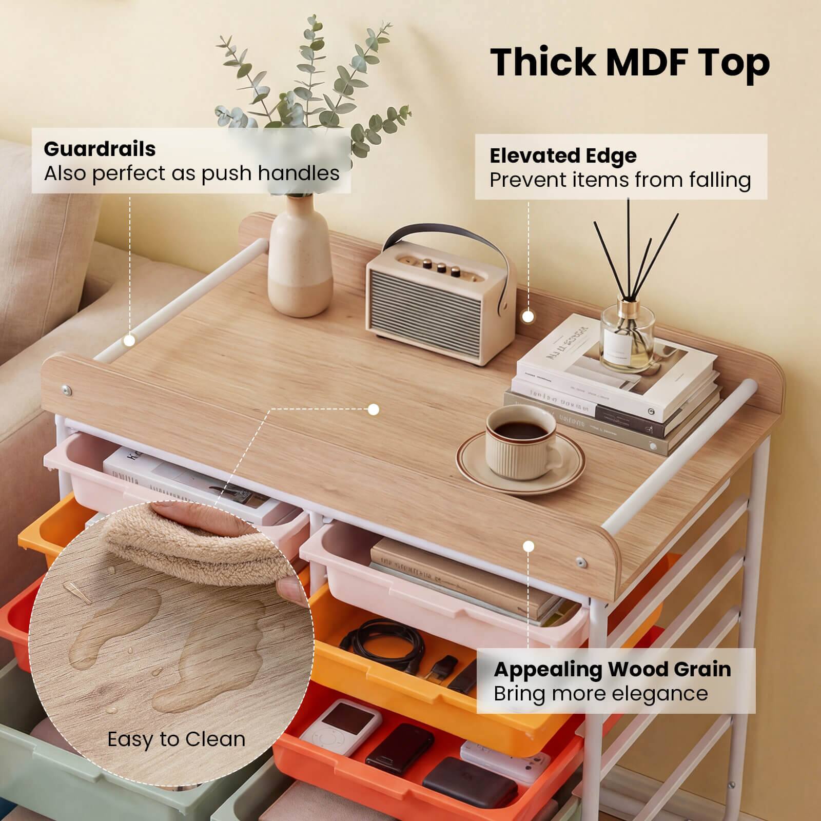 Thick MDF Top  
Guardrails  
Also perfect as push handles  
Elevated Edge  
Prevent items from falling  
Appealing Wood Grain  
Bring more elegance  
Easy to Clean