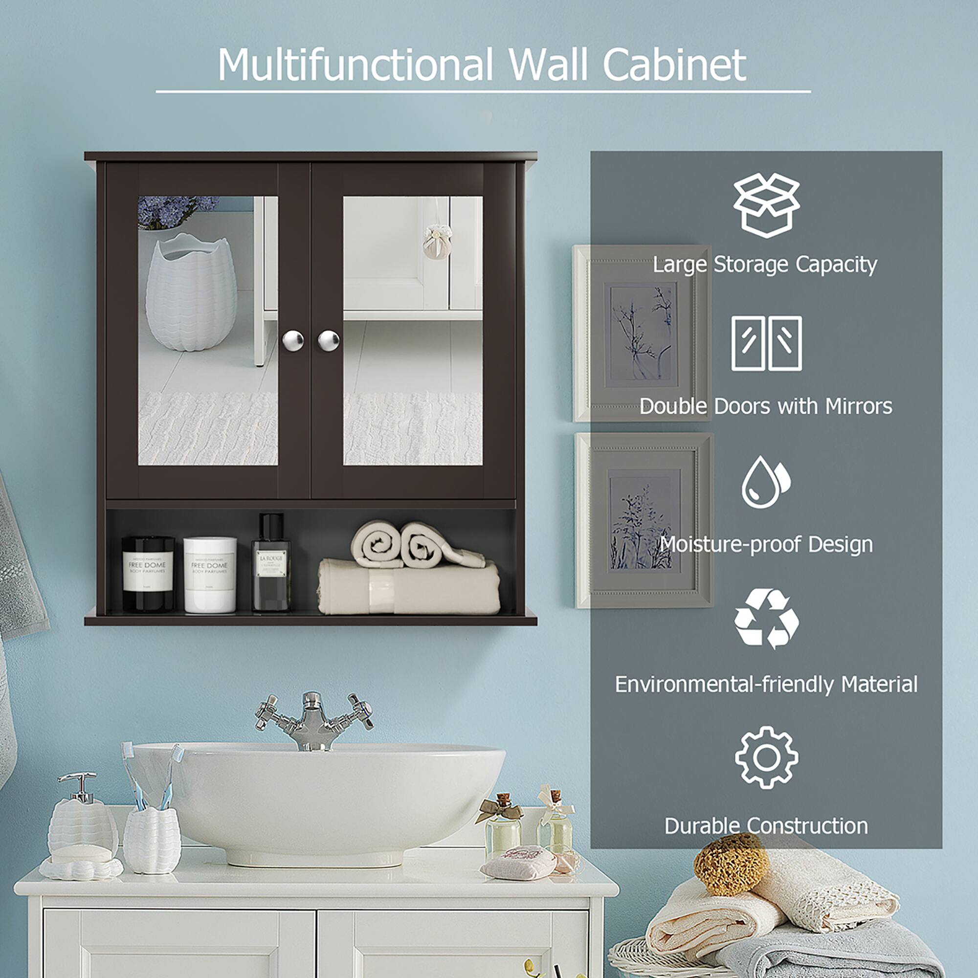 Multifunctional Wall Cabinet

- Large Storage Capacity
- Double Doors with Mirrors
- Moisture-proof Design
- Environmental-friendly Material
- Durable Construction