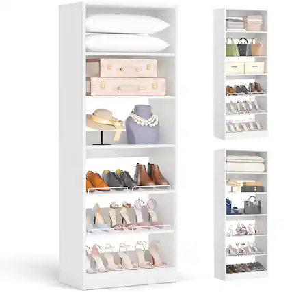 Front. Aheaplus - 25'' Closet Organizer System, 7-Tier Closet Shoe Organizer with Adjustable Shelves - White.