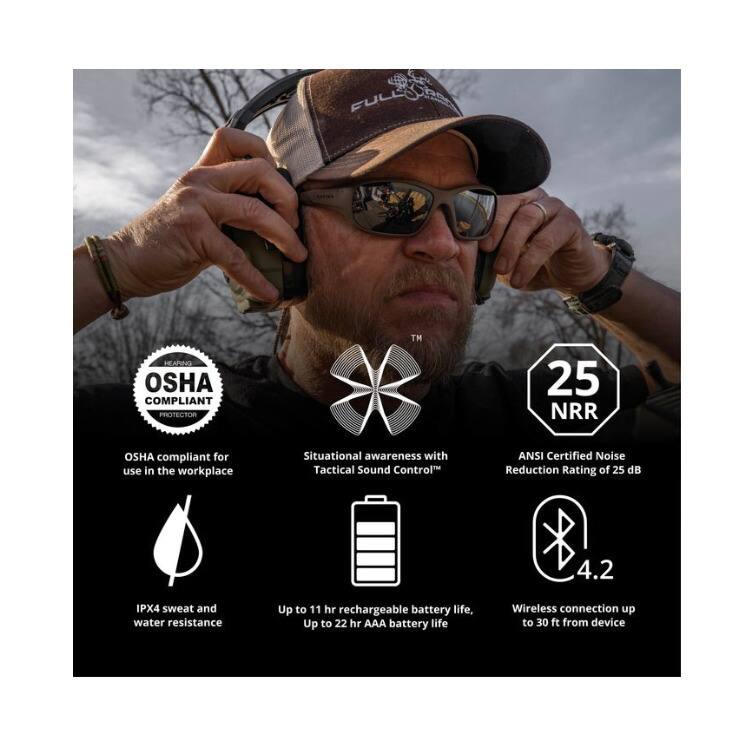 FULL HEARING OSHA COMPLIANT PROTECTOR™ 25 NRR

- OSHA compliant for use in the workplace
- Situational awareness with Tactical Sound Control™
- ANSI Certified Noise Reduction Rating of 25 dB
- IPX4 sweat and water resistance
- Up to 11 hr rechargeable battery life
- Up to 22 hr AAA battery life
- Wireless connection up to 30 ft from device