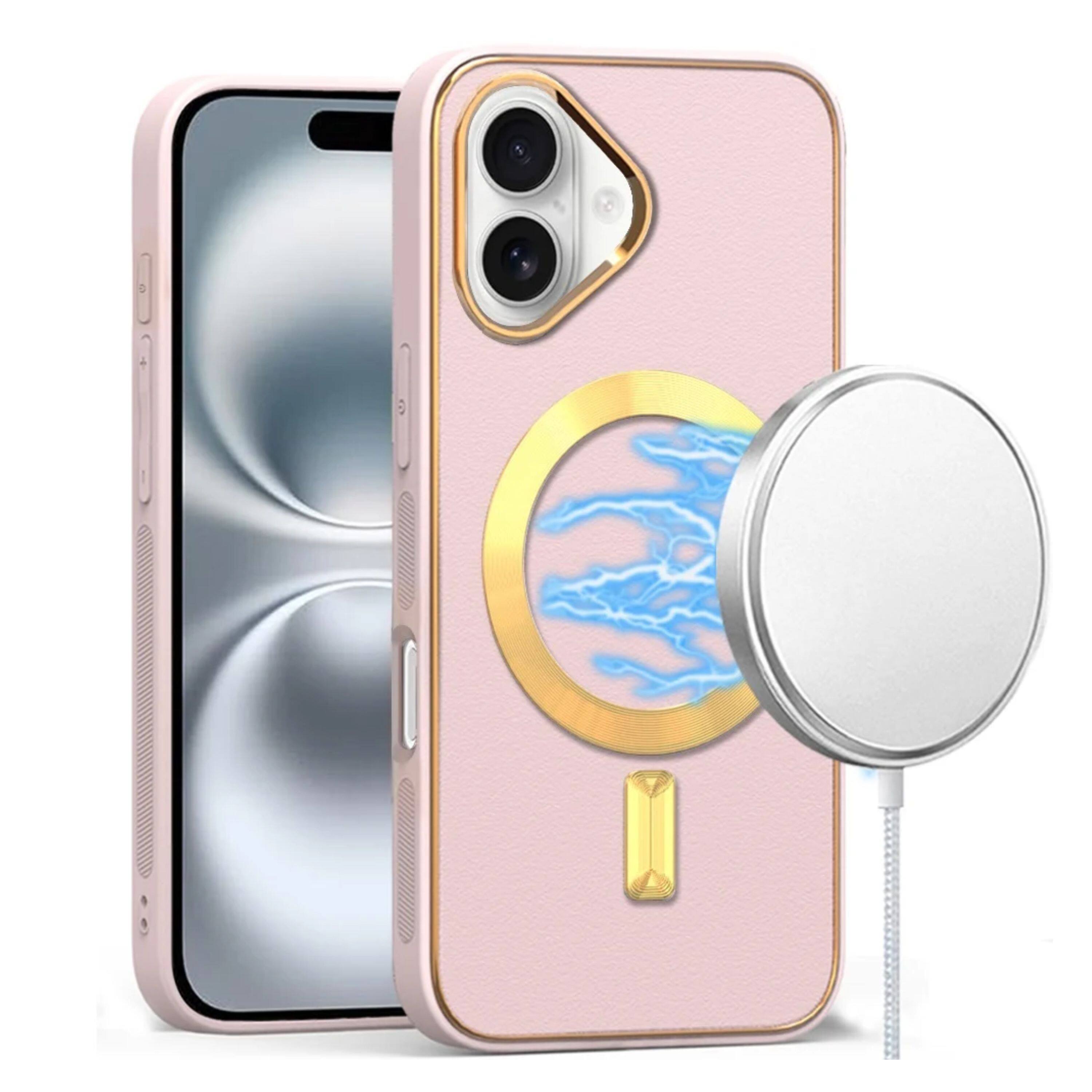 Angle. Kitcheniva - Vegan Leather Cover Magnetic Circle Phone Case With Tempered Glass For iPhone 16 Light Pink - Light Pink.