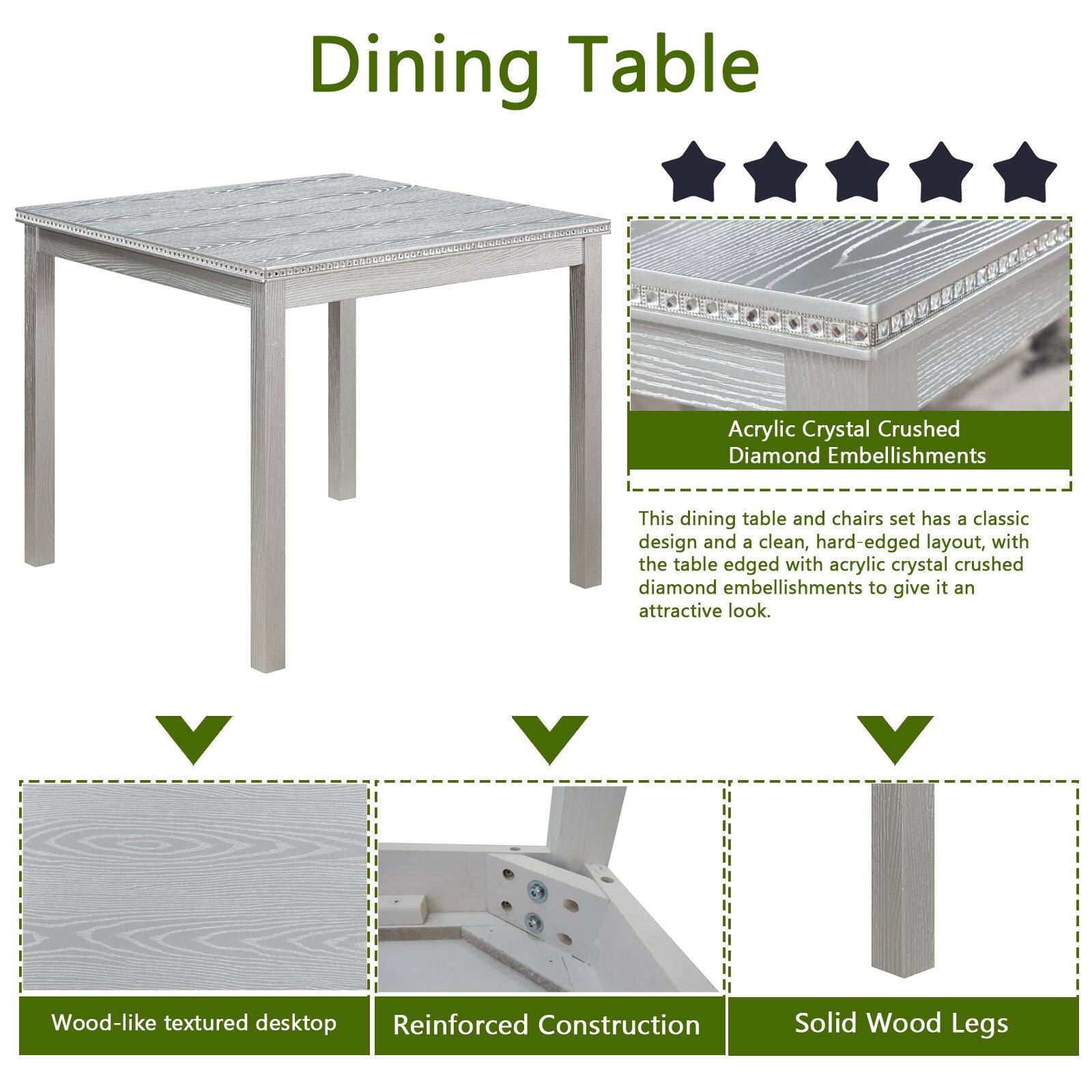 Dining Table

Acrylic Crystal Crushed Diamond Embellishments

This dining table and chairs set has a classic design and a clean, hard-edged layout, with the table edged with acrylic crystal crushed diamond embellishments to give it an attractive look.

- Wood-like textured desktop
- Reinforced Construction
- Solid Wood Legs