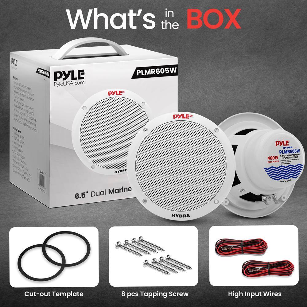 What's in the BOX

PYLE  
PyleUSA.com  
PLMR605W  
HYDRA  
6.5" Dual Marine  

Cut-out Template  
8 pcs Tapping Screw  
High Input Wires