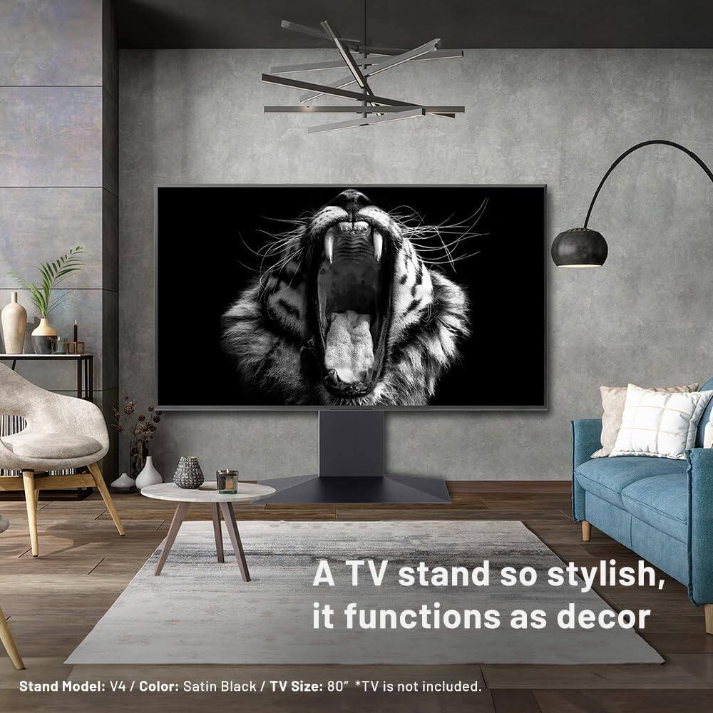 A TV stand so stylish, it functions as decor

Stand Model: V4 / Color: Satin Black / TV Size: 80" *TV is not included.