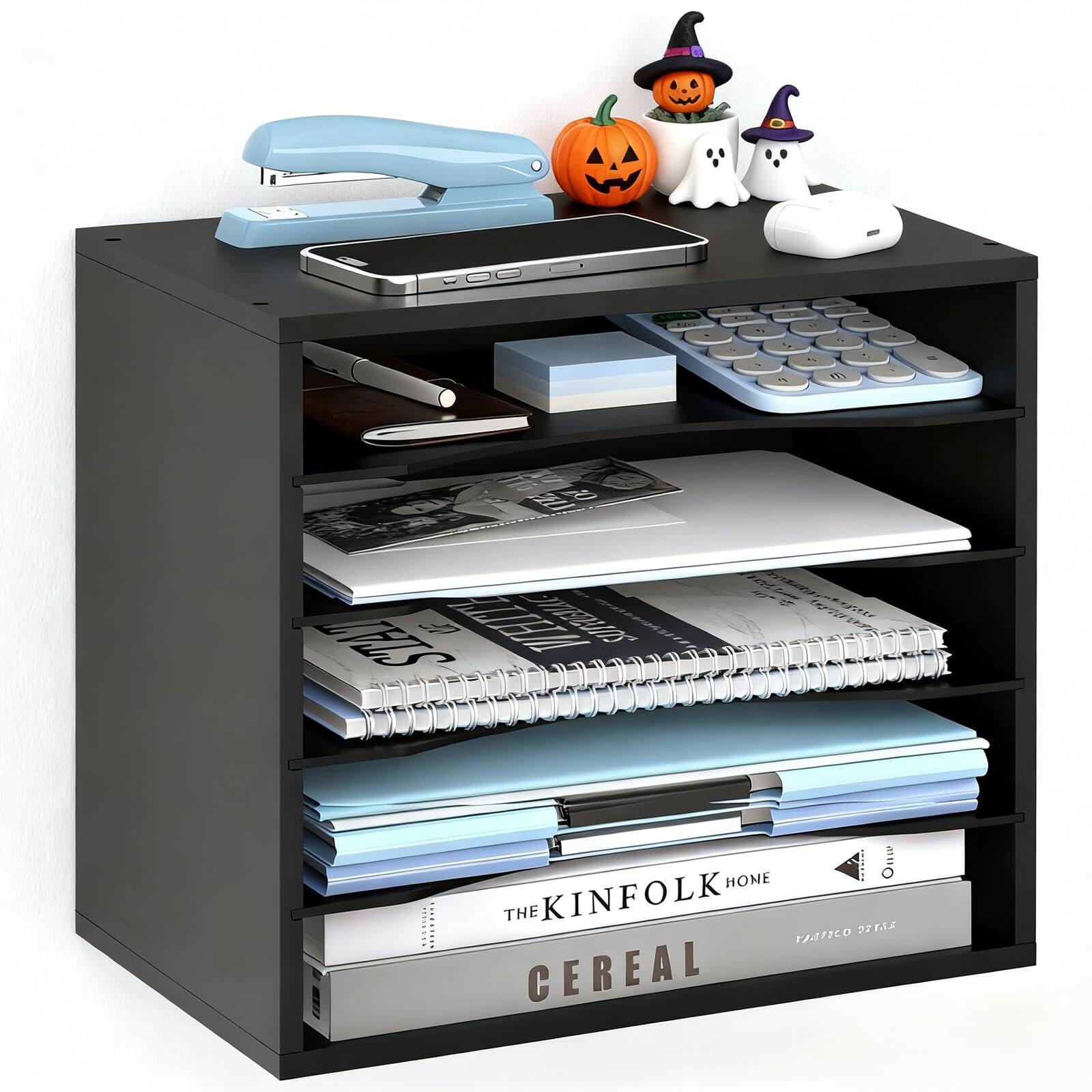 Sure, here is the corrected and grouped text from the image:

---

**Top Shelf:**
- (No visible text)

**Second Shelf:**
- (No visible text)

**Third Shelf:**
- (No visible text)

**Fourth Shelf:**
- (No visible text)

**Fifth Shelf:**
- THE KINFOLK HOME

**Sixth Shelf:**
- CEREAL

---

This text appears on the books and items on the shelves.