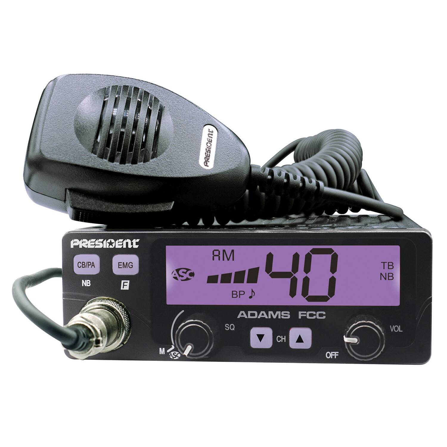 PRESIDENT CB/PA EMG NB F M RM TB ASC 140 NB BP ADAMS FCC SQ VOL CH OFF