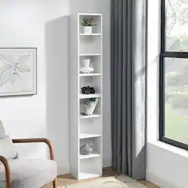 HTUTWOO - 8-Tier Narrow Bookshelf, Space-Saving Slim Storage Bookcase, Stable & Easy Use Display Shelf, for Bedroom, Living Room - White