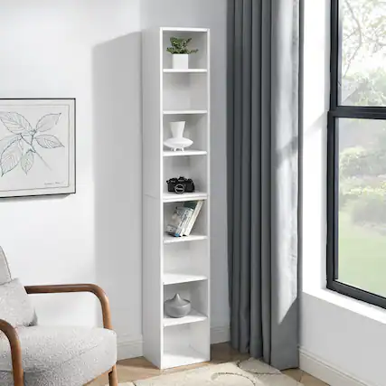 Front. HTUTWOO - 8-Tier Narrow Bookshelf, Space-Saving Slim Storage Bookcase, Stable & Easy Use Display Shelf, for Bedroom, Living Room - White.