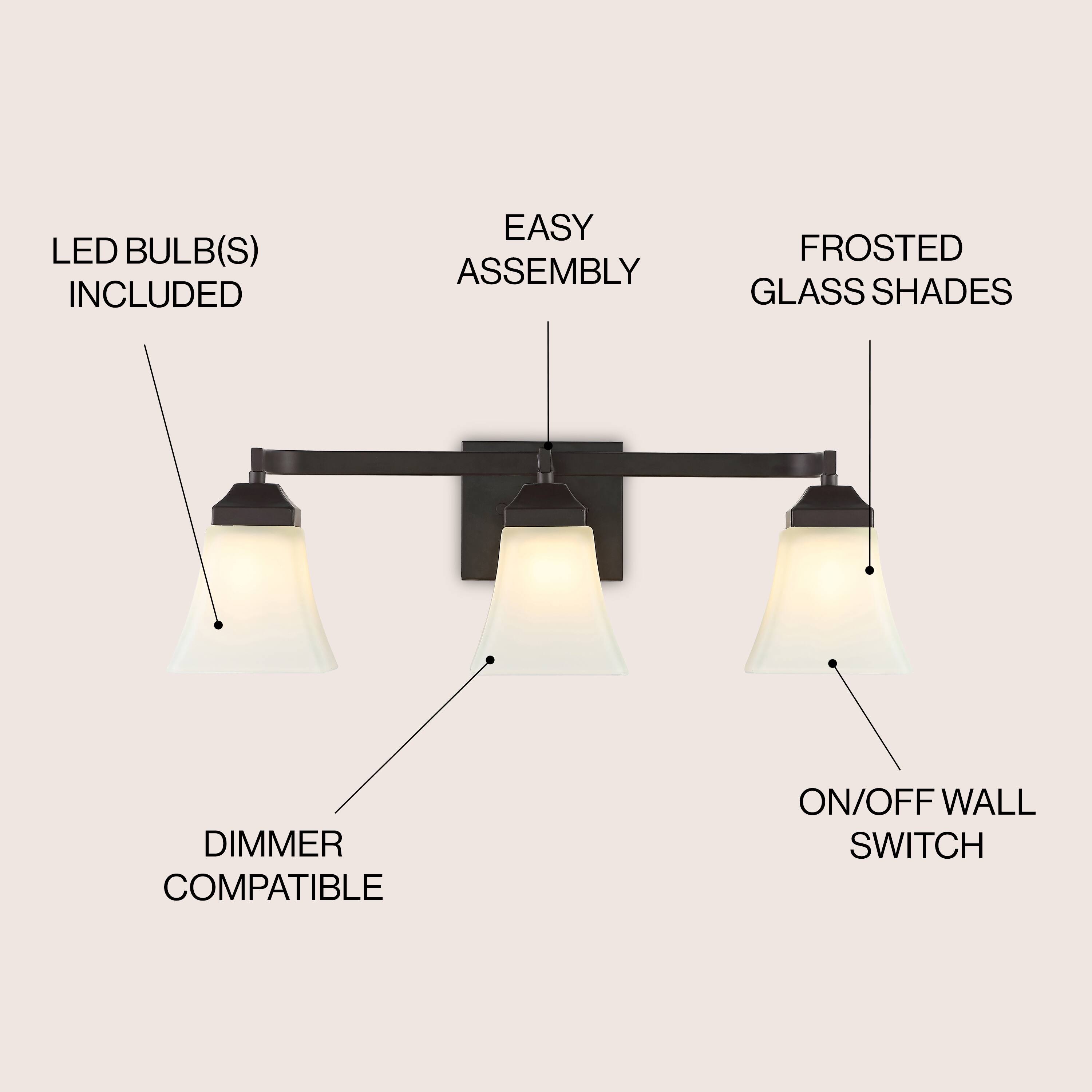 LED BULB(S) INCLUDED  
EASY ASSEMBLY  
FROSTED GLASS SHADES  
DIMMER COMPATIBLE  
ON/OFF WALL SWITCH