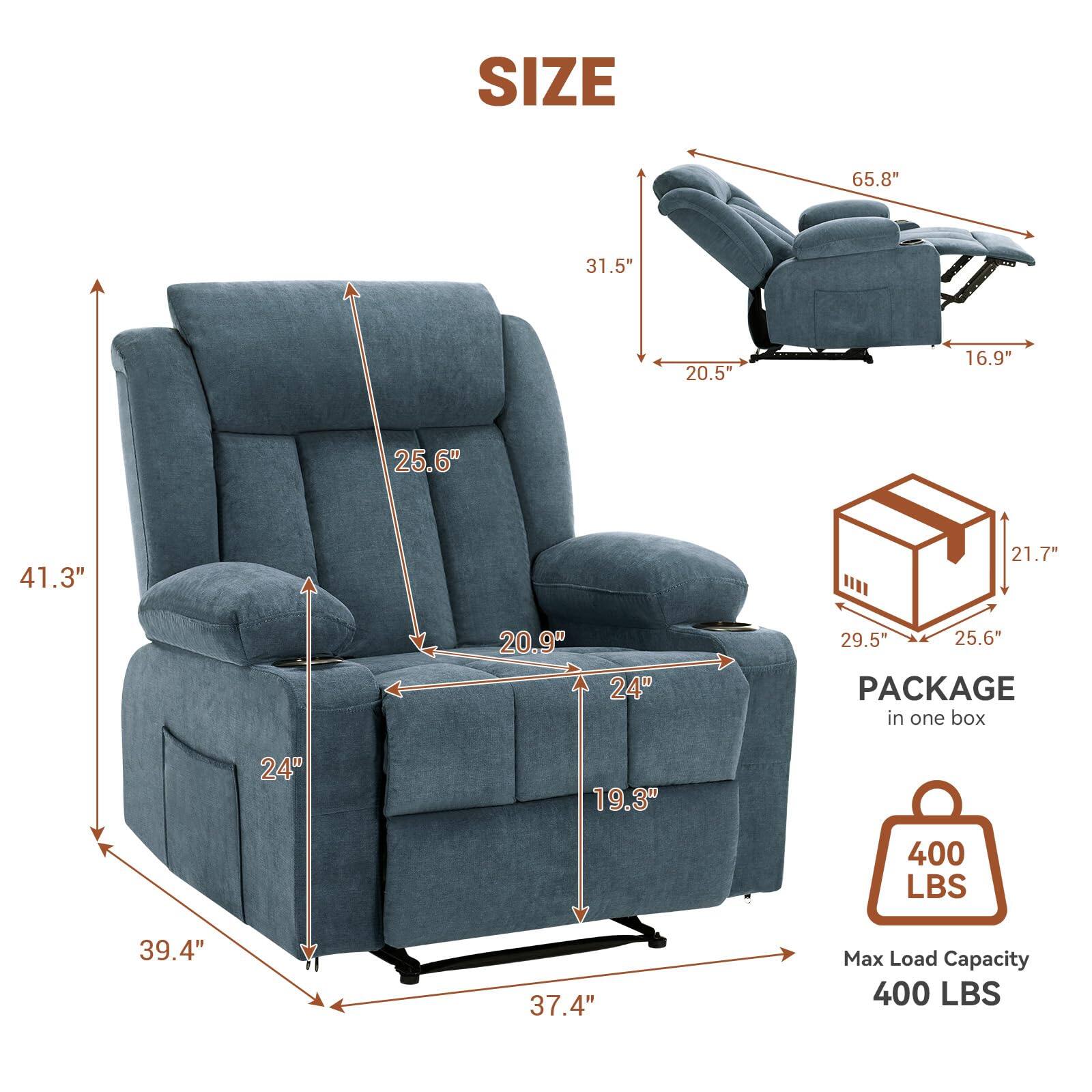 **SIZE:**
- 65.8" (width)
- 31.5" (depth reclined)
- 20.5" (depth)
- 16.9" (height reclined)
- 25.6" (height)
- 41.3" (height from floor to top of back)
- 20.9" (seat depth)
- 24" (seat width)
- 29.5" (overall depth)
- 39.4" (overall width)
- 37.4" (overall height)

**PACKAGE in one box:**
- 24" (width)
- 19.3" (depth)
- 21.7" (height)

**Max Load Capacity:**
- 400 LBS