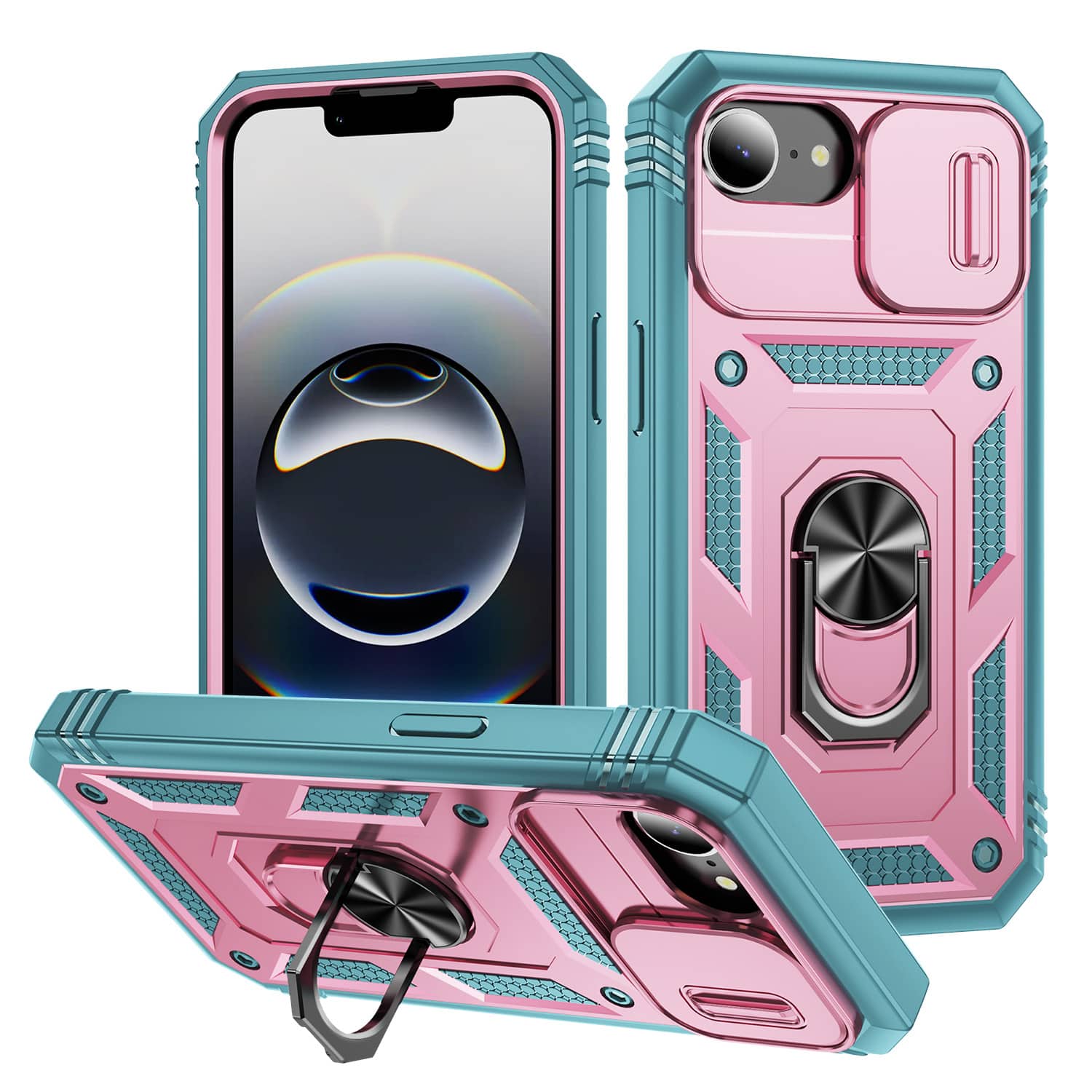 UUCOVER - Rugged Protective Case for iPhone 17e / iPhone 16e with Sliding Lens Cover Shockproof Ring Stand TPU+PC Case - Pink/Mint price history on PriceWatchPro