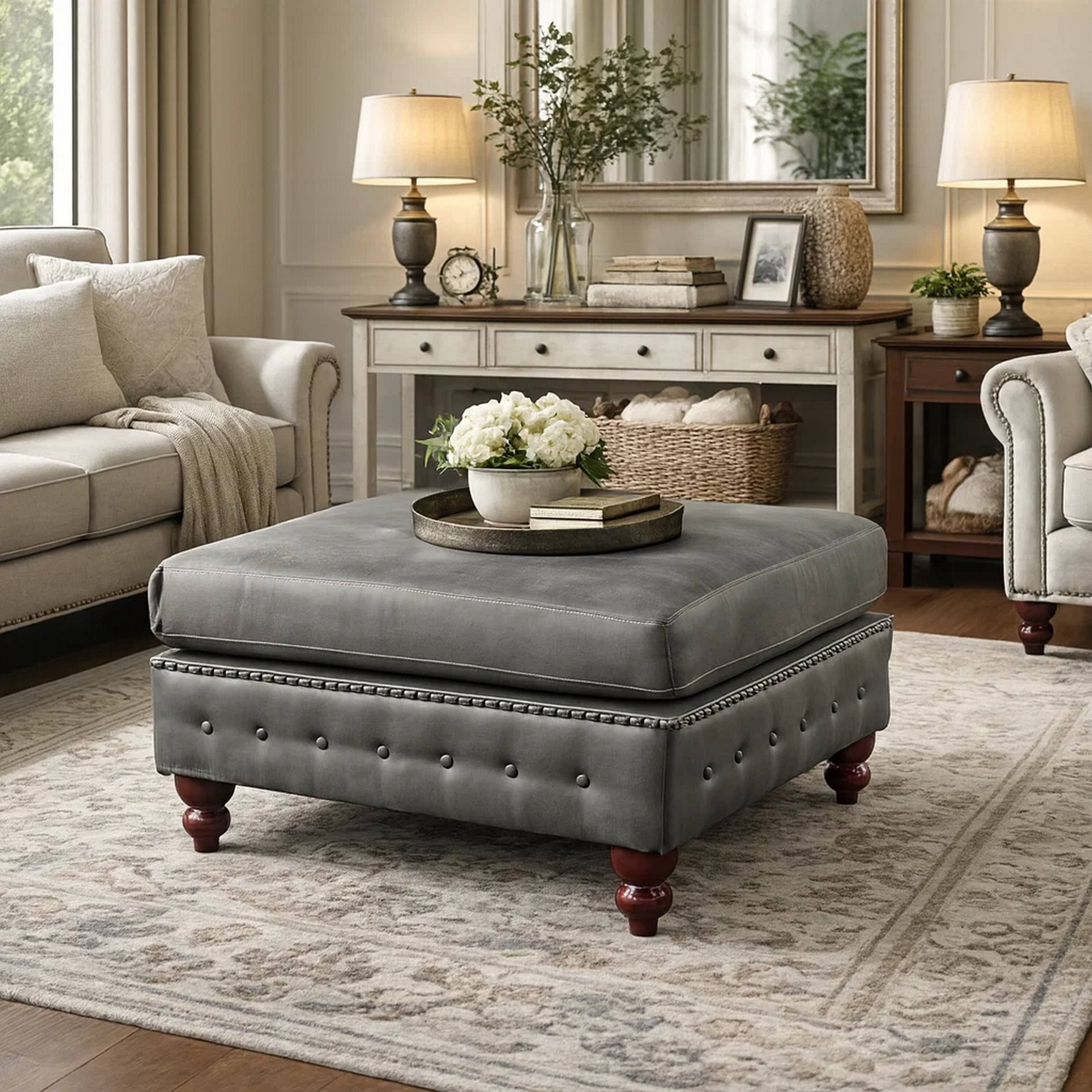 Alt View 5. Manhattan Lane - Simi 34 Inch Square Ottoman, Handcrafted Legs, Gray Vegan Faux Leather - Gray, Brown.