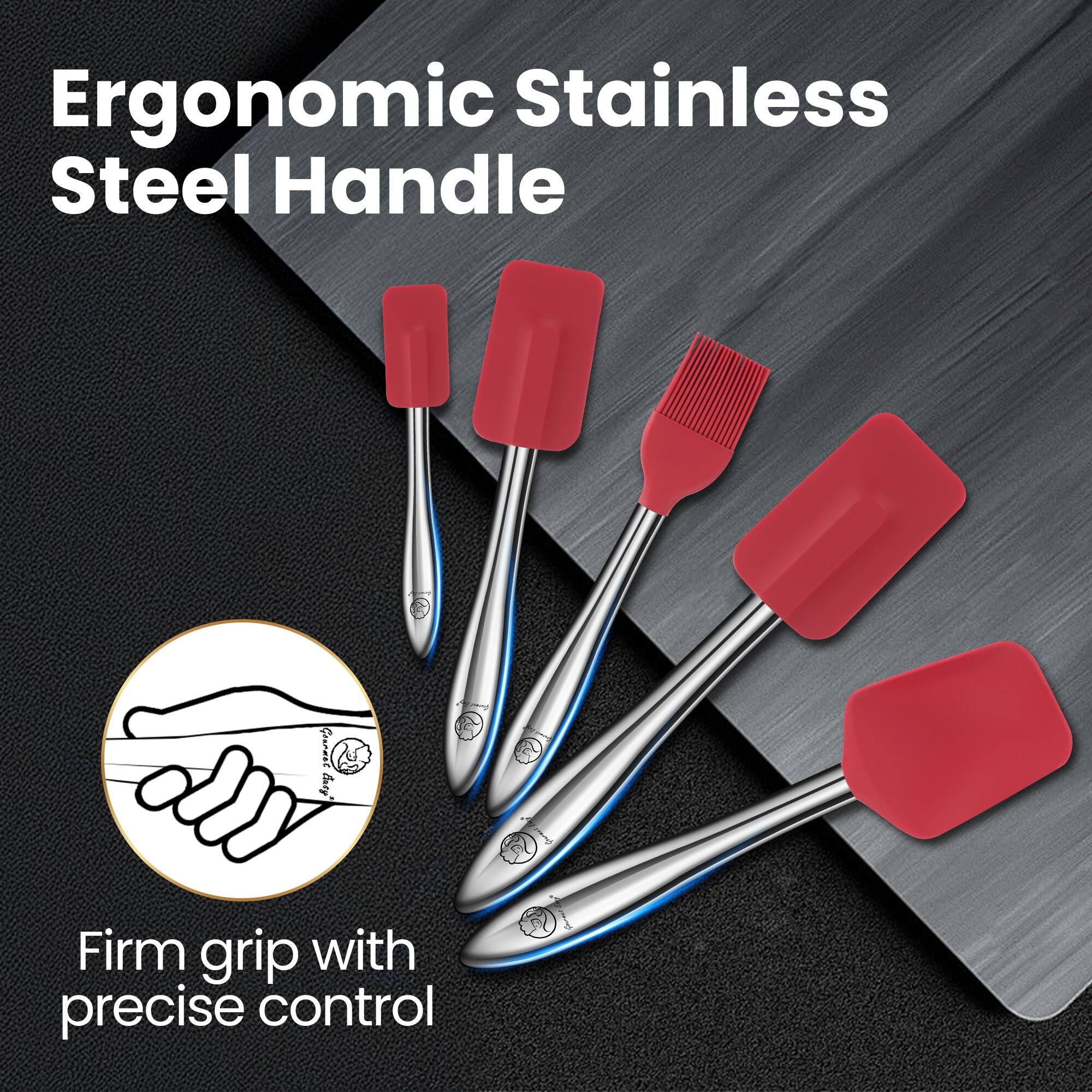 Left. Gourmet Easy - 5pcs Silicone Spatula Set with Stainless Steel Handle, Spatulas for Cooking & Baking with Spoonula & Brush - Red.