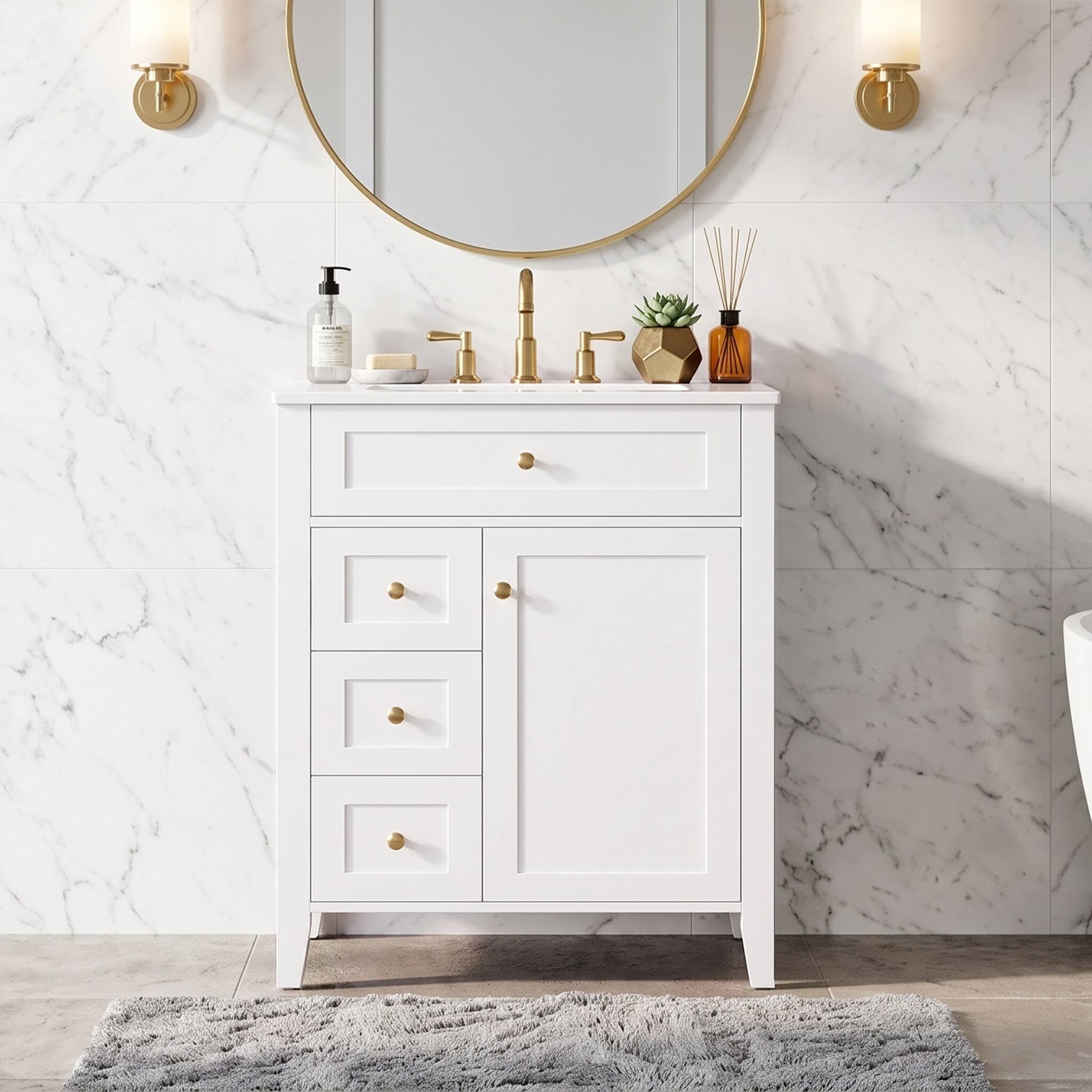 Angle. JUJABU - White 24" Modern Bathroom Vanity with Ceramic Sink and Soft-Close Door - White.