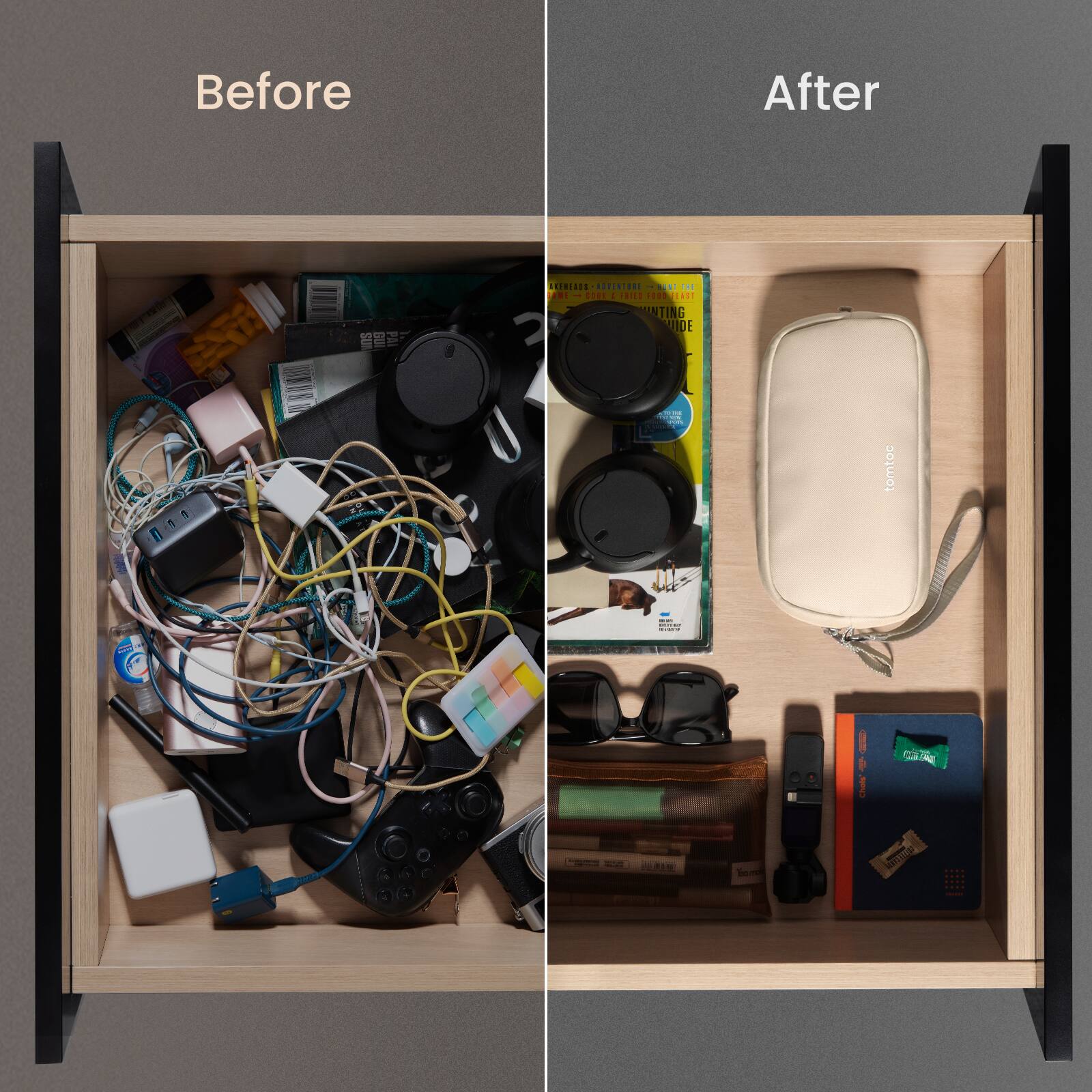 Before: A cluttered drawer with various items, including a camera, a cell phone, and a book.

After: A neatly organized drawer with a camera, a cell phone, a book, and a purse.