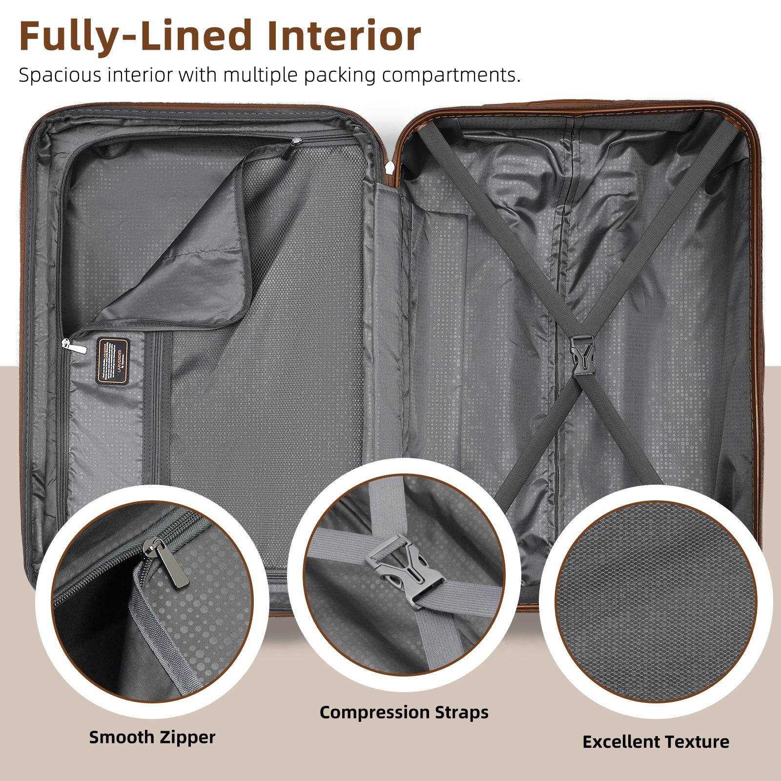 Fully-Lined Interior  
Spacious interior with multiple packing compartments.

Smooth Zipper  
Compression Straps  
Excellent Texture