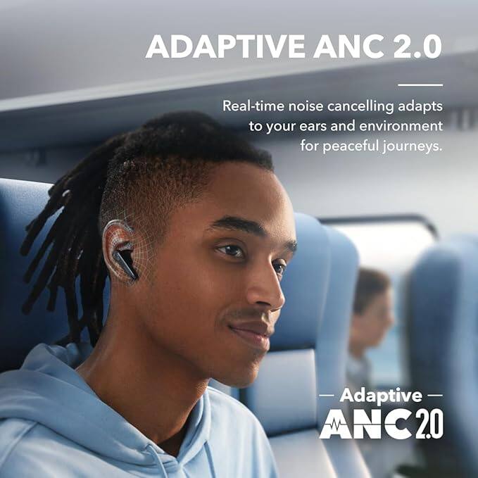 ADAPTIVE ANC 2.0  
Real-time noise cancelling adapts to your ears and environment for peaceful journeys.  
Adaptive ANC 2.0