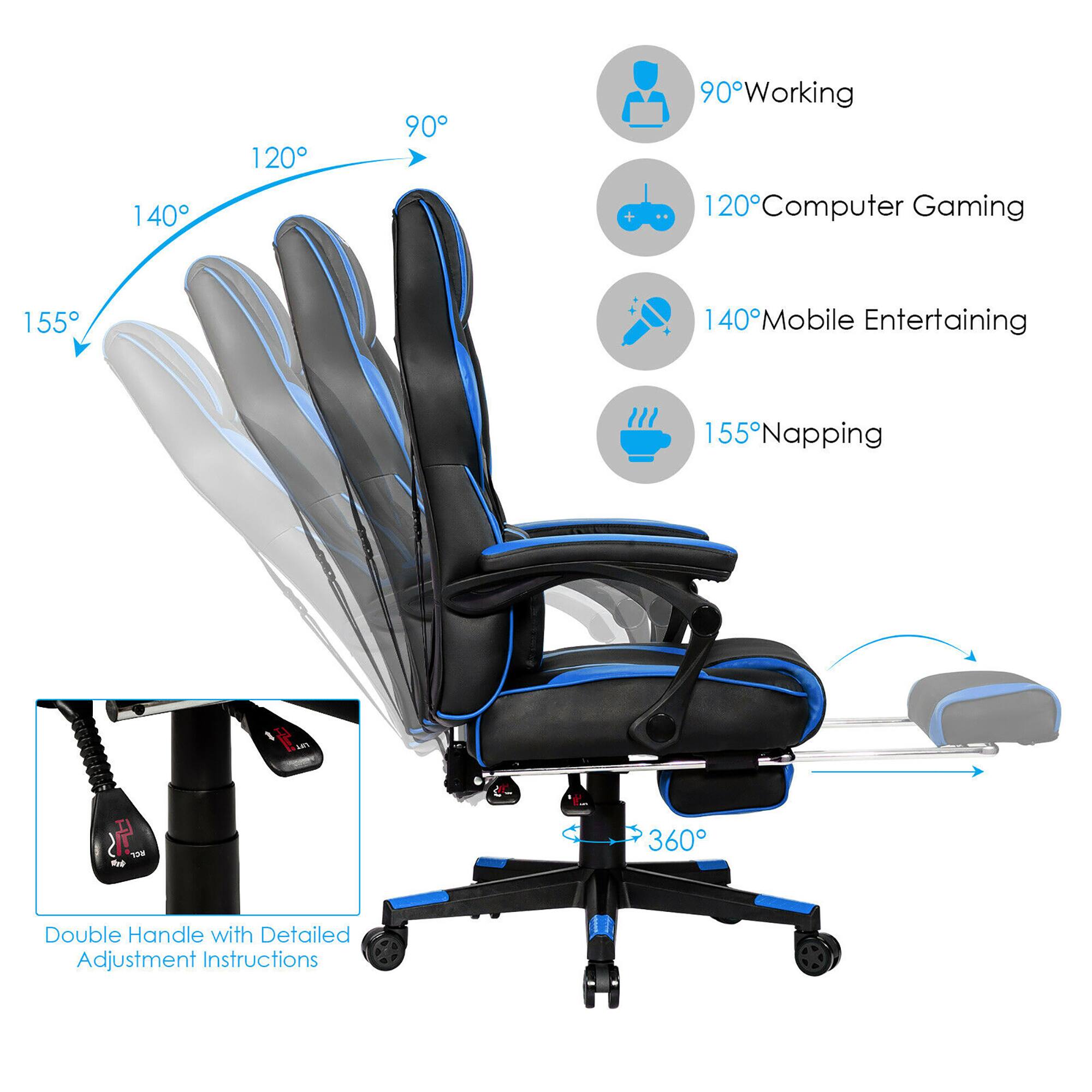 The text on the image is grouped and corrected as follows:

1. 140 120 90 90 Working
2. 120 Computer Gaming
3. 155 40 Mobile Entertaining
4. 155 155 Napping
5. 15 - 360 Double Handle with Detailed Adjustment Instructions
