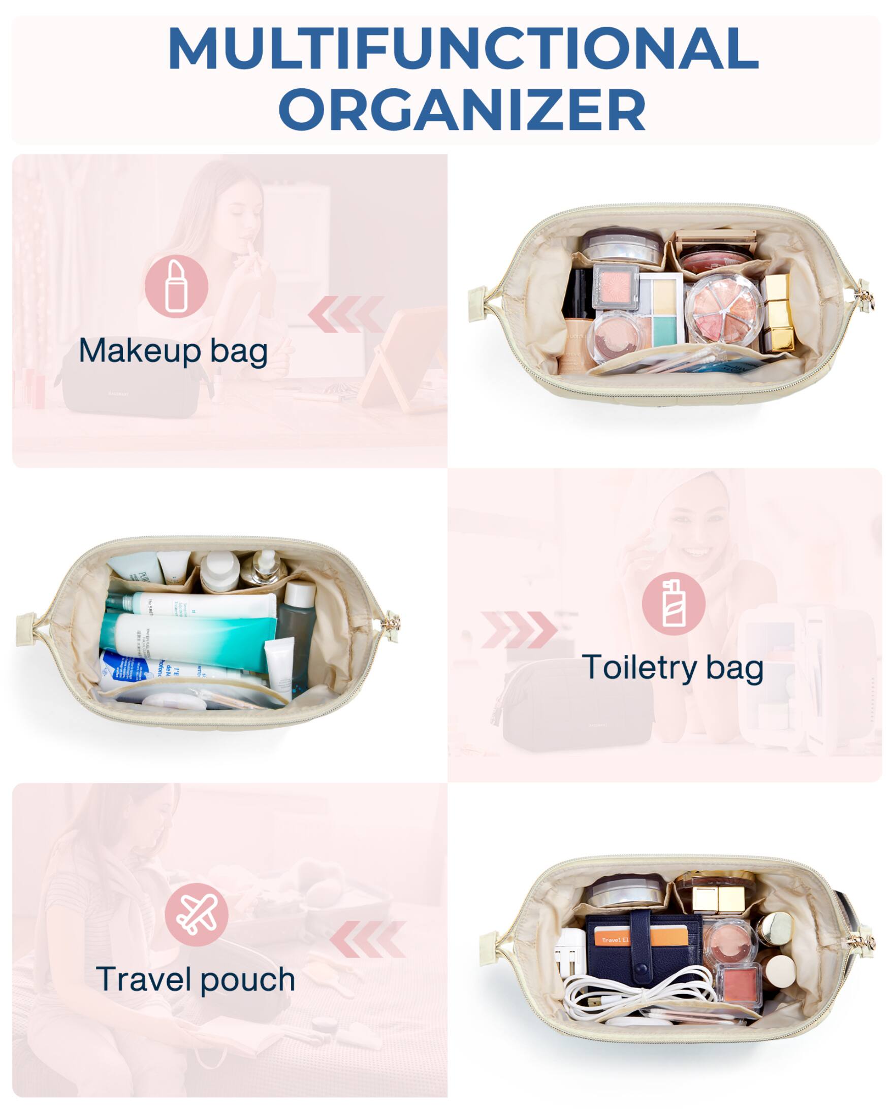 MULTIFUNCTIONAL ORGANIZER

Makeup bag

Toiletry bag

Travel pouch