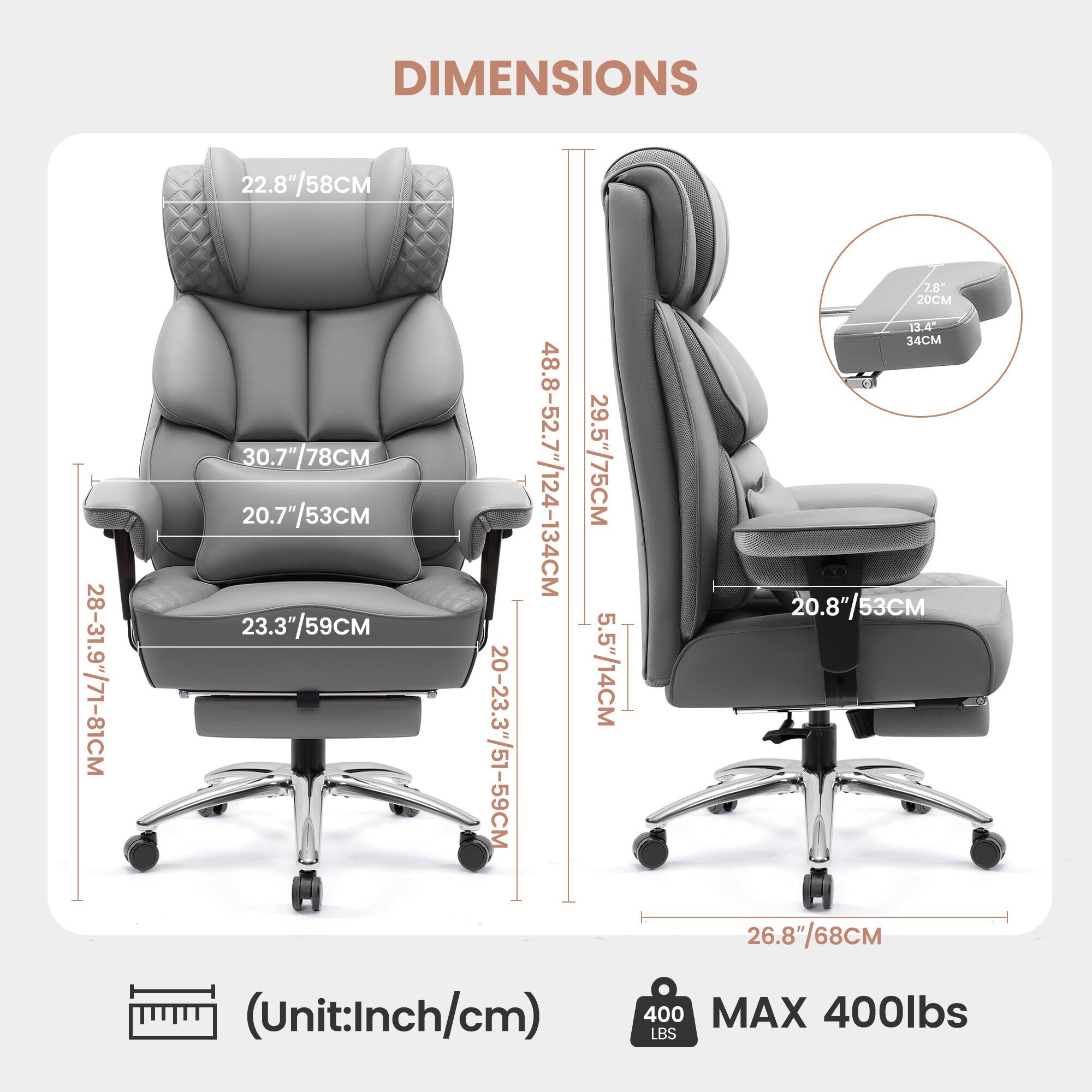 DIMENSIONS 28-31.9"/71-81CM 22.8"/58CM 30.7"/78CM 20.7"/53CM 23.3"/59CM 20-23.3"/51-59CM 48.8-52.7"/124-134CM 29.5" 29.5"/75CM 5.5"/14CM 7.8 20CM 13.4 34CM 20.8"/53CM 26.8"/68CM (Unit:Inch/cm) 400 MAX 400lbs LBS